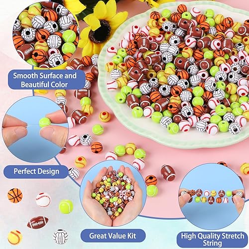 Miniatura 4 de 300 cuentas deportivas para hacer joyas, cuentas deportivas acrílicas a granel, béisbol, baloncesto, voleibol, softbol, fútbol, tenis, cuentas con