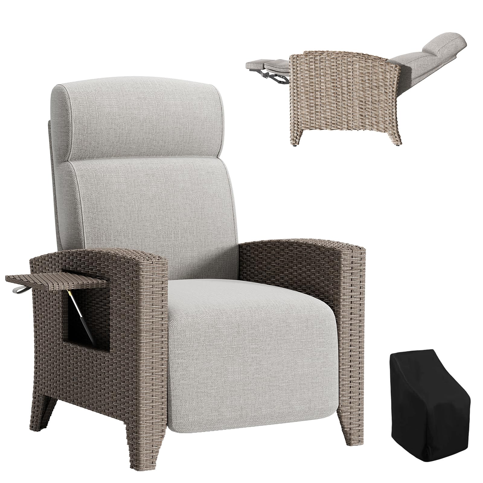 haiorjun Relaxsessel Outdoor Gartensessel mit Liegefunktion Wetterfest, Ergonomische Rattan Liegesessel mit Integrierter Beistelltisch, Relaxliege 