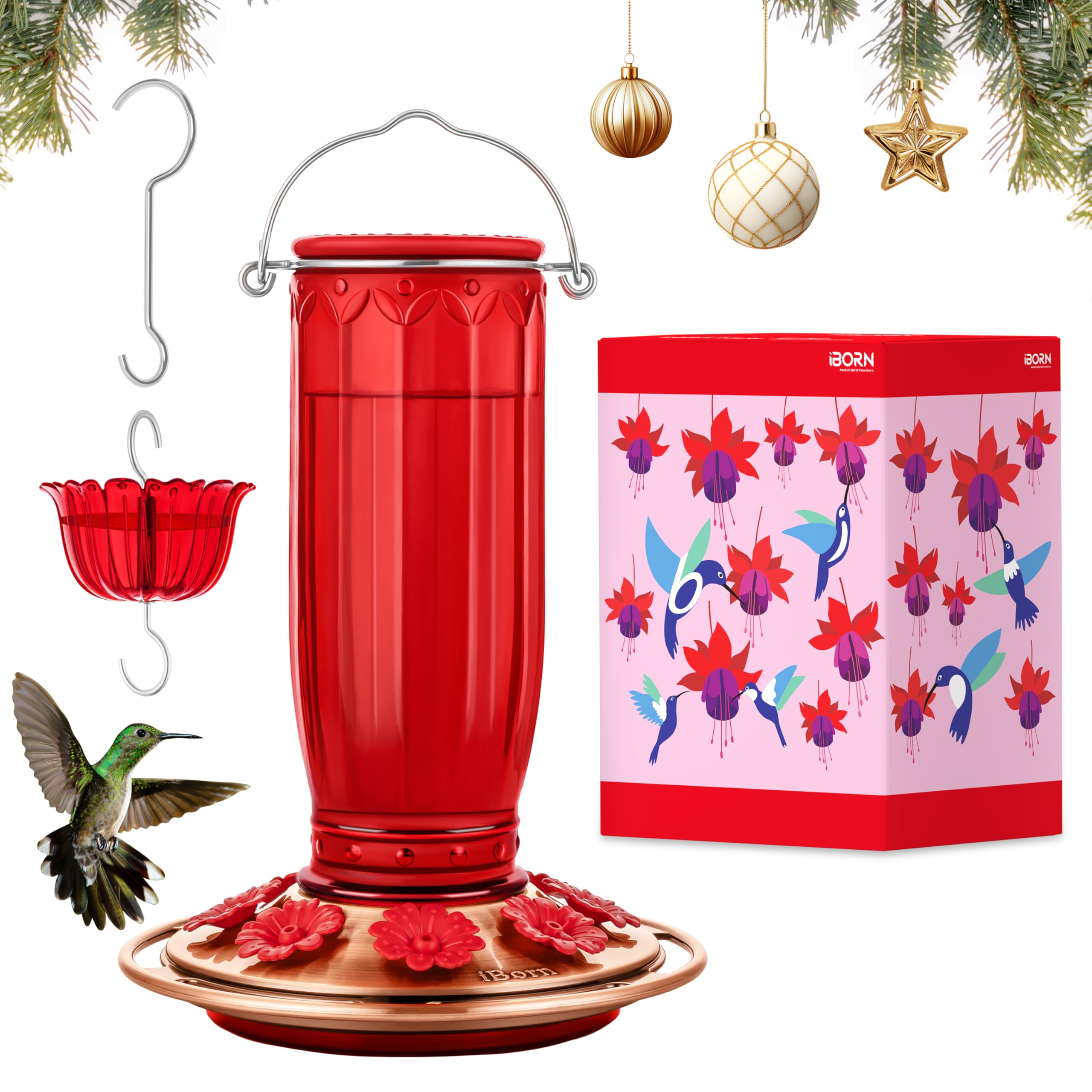 iBorn Glass Hummingbird Feeder for Outdoors Hanging Ant and Bee Proof Ant Moat for Hummingbird Feeder 8 Ports for 16oz Hummingbird Nectar,Brushed