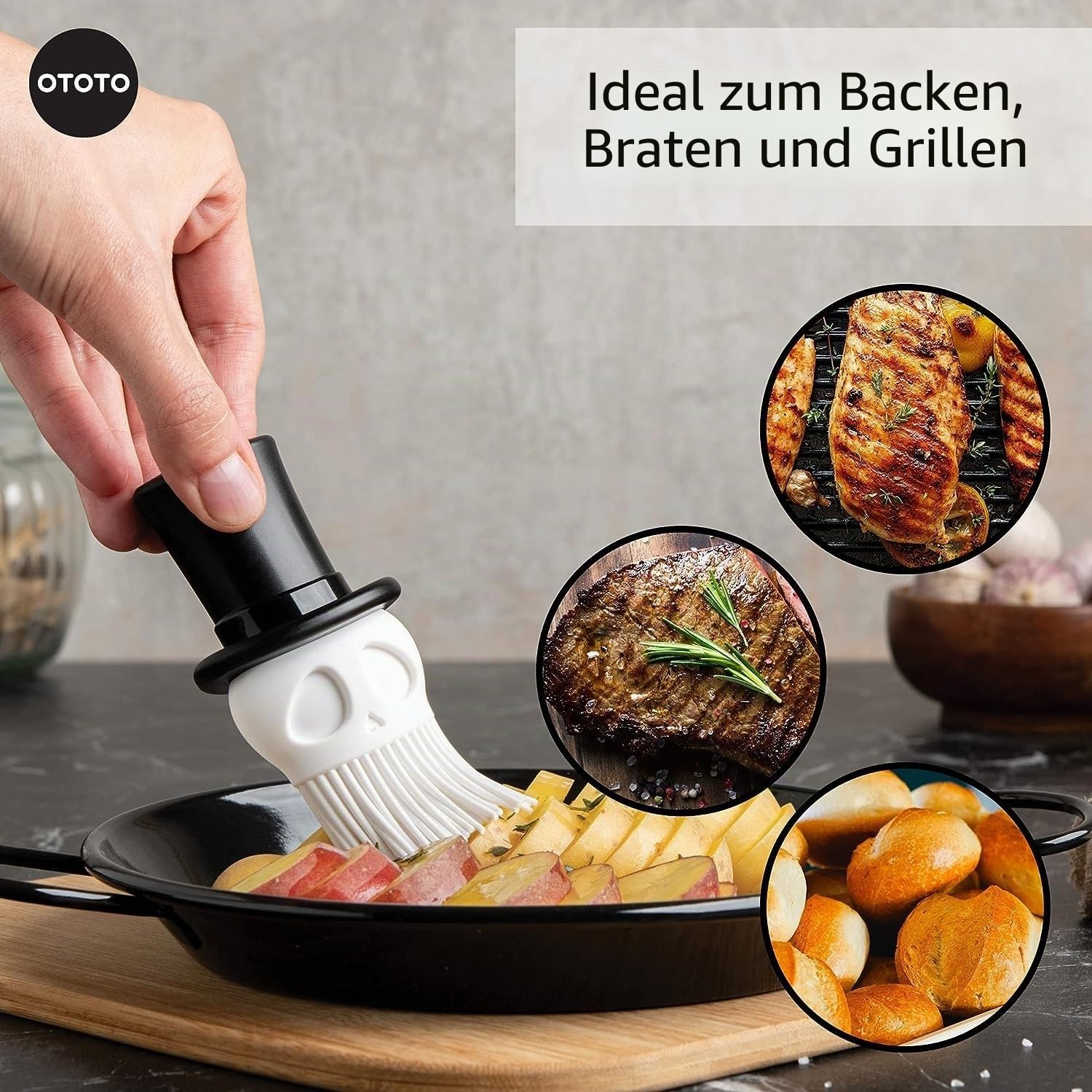Skully Backpinsel von OTOTO – Silikon-Backpinsel, Küchenbürste, gruselige Geschenke, Totenkopf-Küchenzubehör