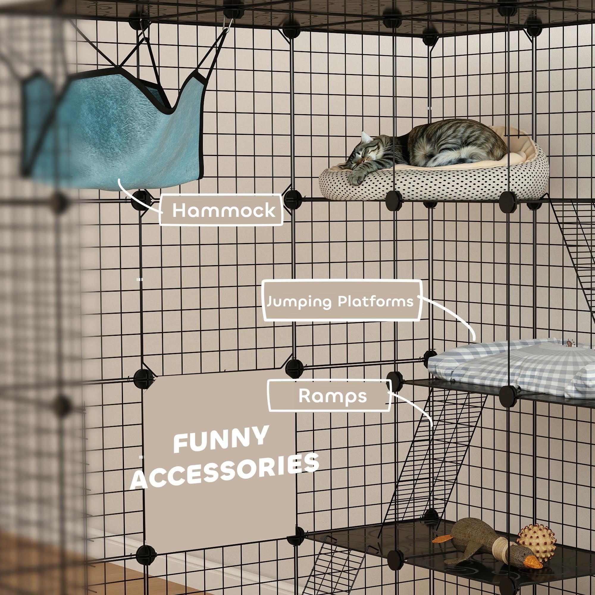PawHut - Cercado para Animales domésticos, recinto de Conejo Interior, 4 Niveles, recinto Modular para pequeños Animales, Conejos, Paneles de Malla, 105 x 105 x 140 cm, Color Negro