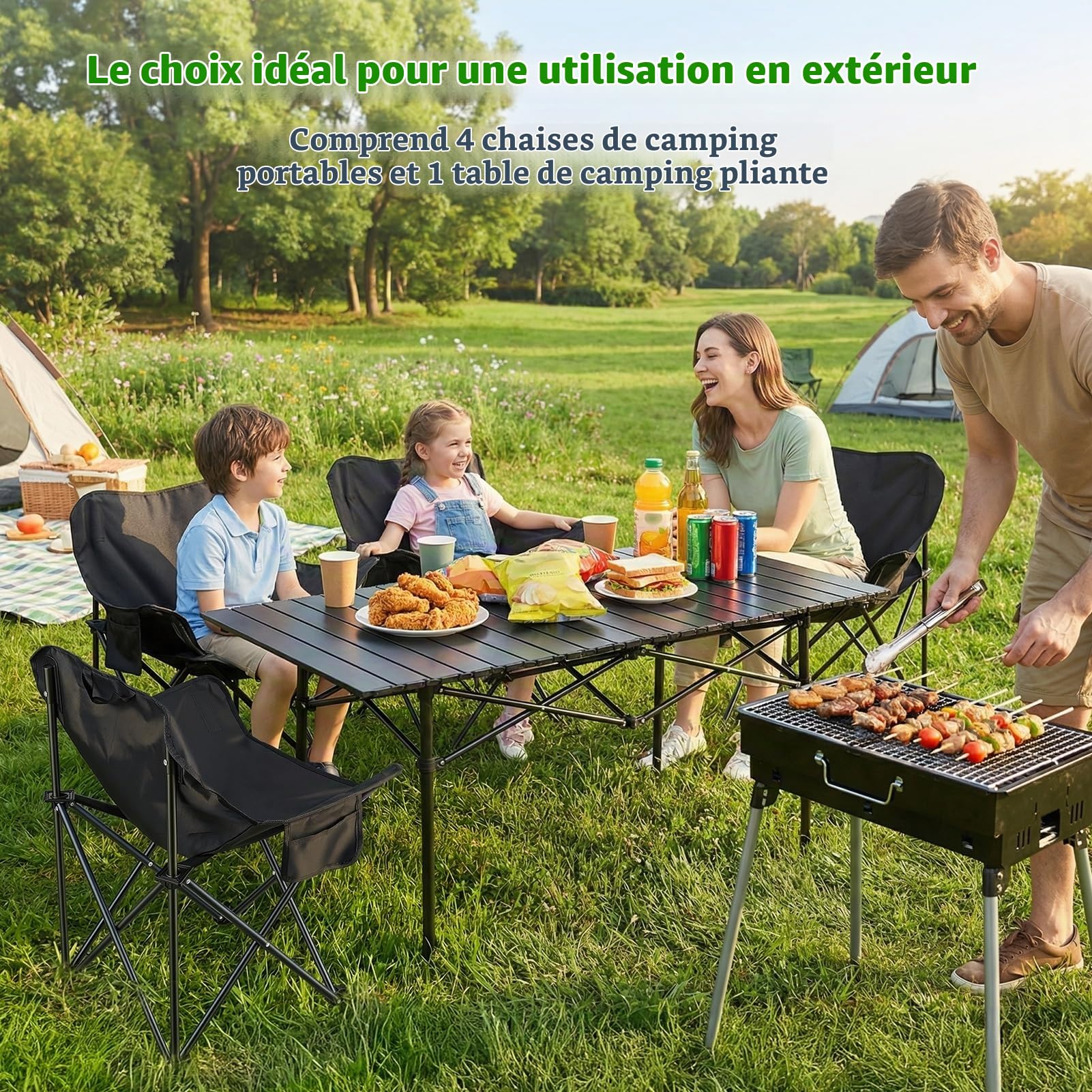 Ensemble table chaise camping 5 pieces, table camping pliante et 4 chaises pliantes, mobilier campings pliant en acier carbone, tables pique nique pliante portable jardin terrasse peche (Noir)