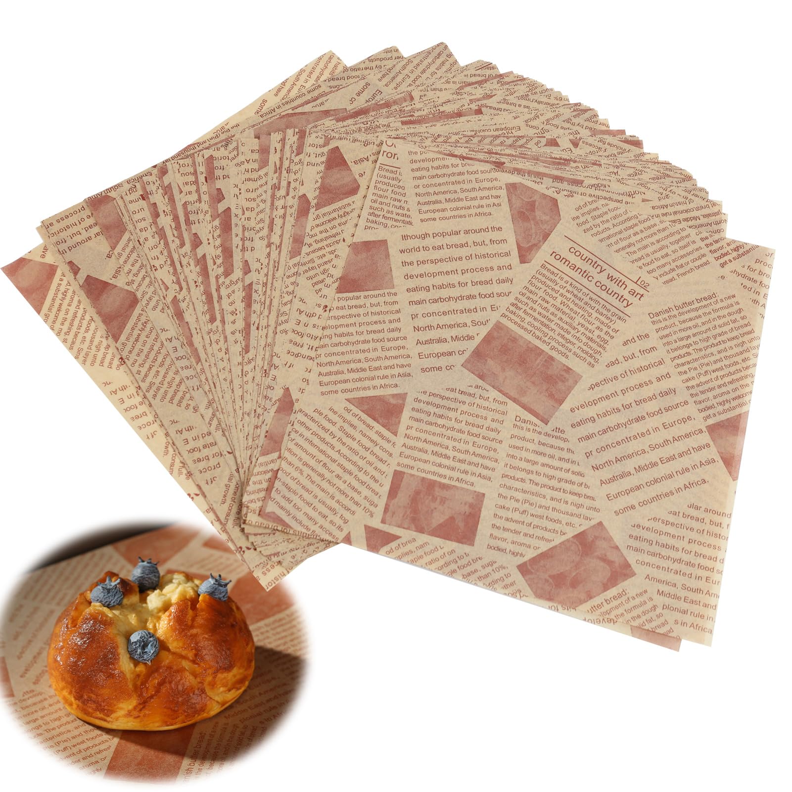 Deli 100 Fogli Carta Da Forno Ecologica 22x22 Cm – Cera Effetto Giornale – Resistente A Olio E Umidità – Per Patatine, Hamburger, Pane E Confezioni Regalo