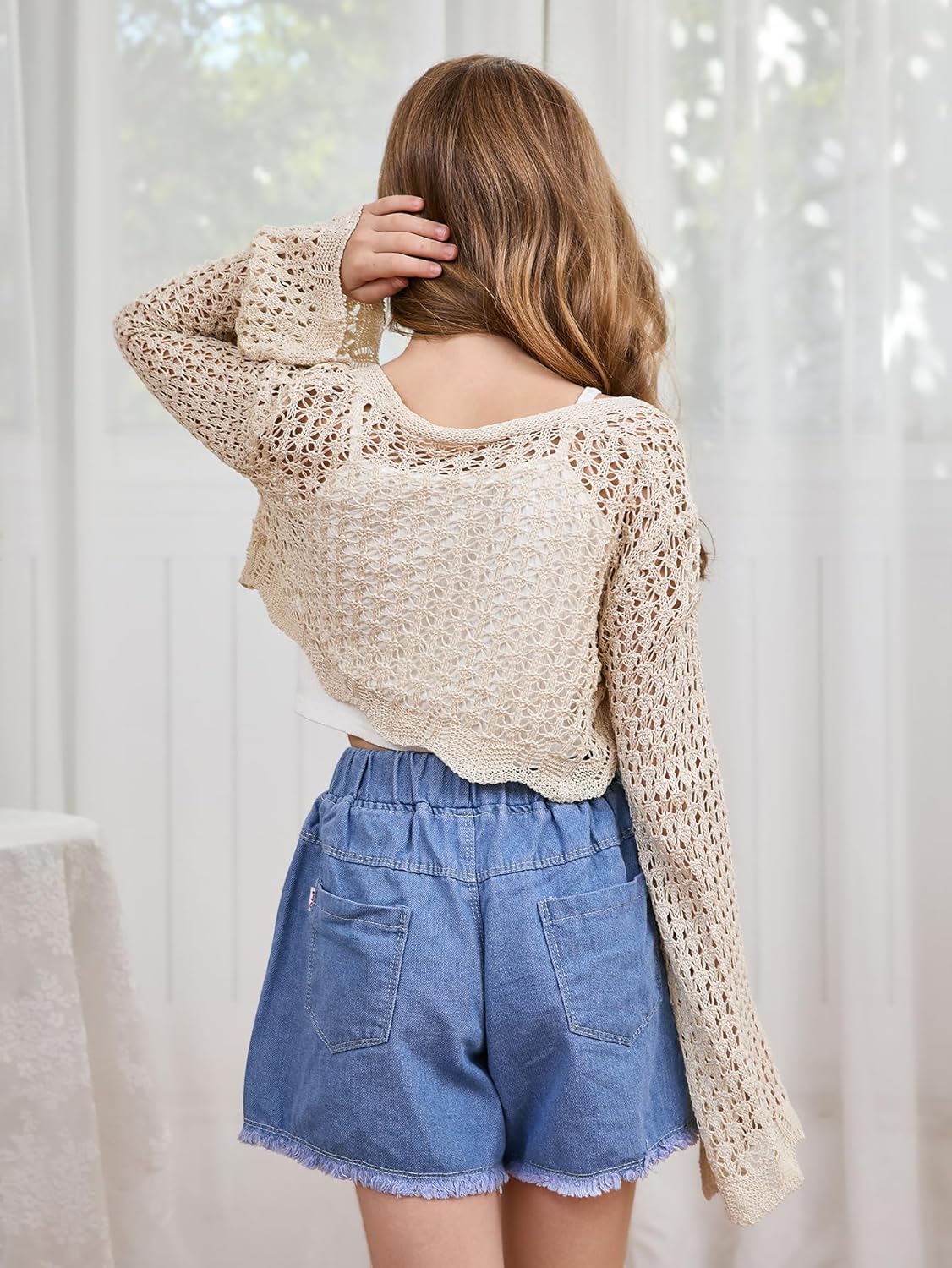 Milumia Girl's Tie Front Crochet Cardigan Hollow Out Long Sleeve Knit Crop Cover Up Top - Image 2