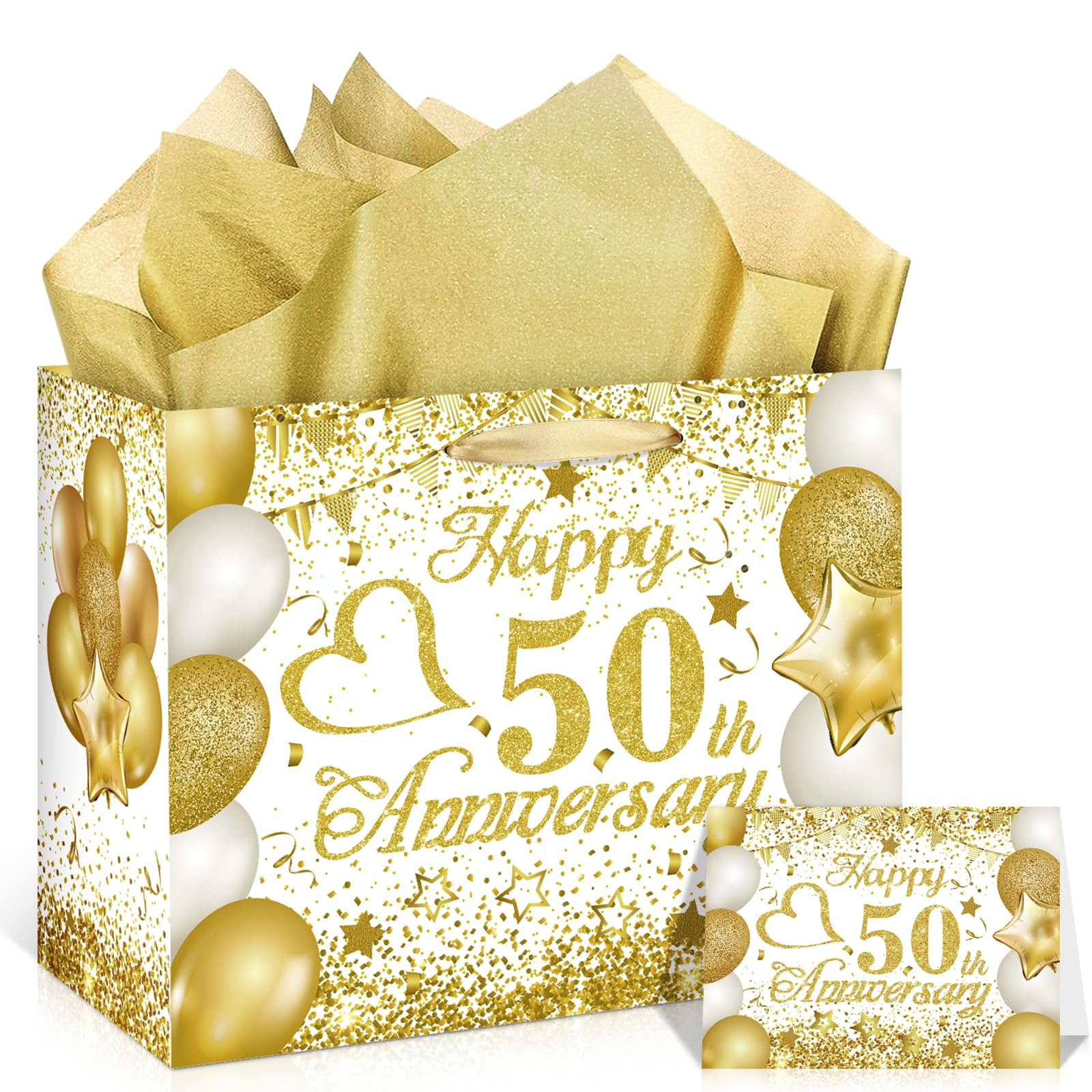 RuarrulyWhite Gold 50th Anniversary Party Gift Bag with Tissue Papers and Card, 11.8'' 50th Golden Wedding Anniversary Paper Gift Wrapping Bag for Golden Wedding Party Decor Supplies