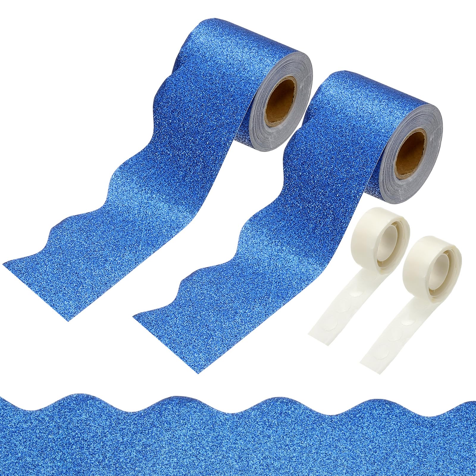 PATIKIL 2 Rolls Glitter Bulletin Board Borders, 65.6ft Blue Border for Bulletin Board with Clear Sticky Dots Scalloped Trim for Office Party Classroom Decorations — image 1