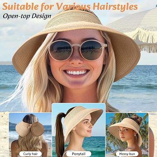 Miniatura 3 de NPQQUAN Sun Visor Hats for Women Wide Brim Ponytail Straw Beach Hat Packable Foldable UPF 50+ Floppy Travel Hats