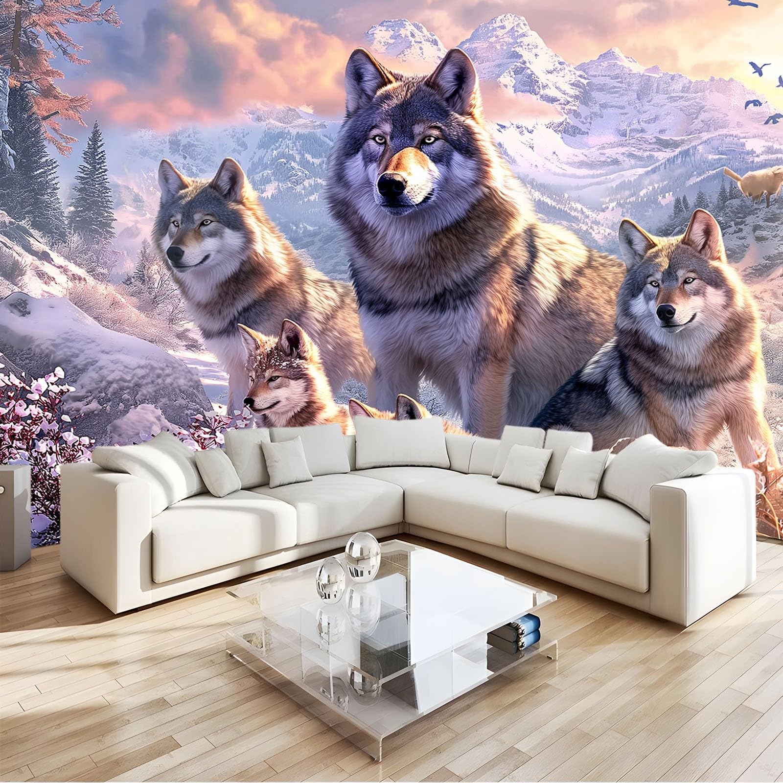 Générique Papier Peint Mural Chambre Loup Animal De Montagne De Neige 300x210 cm Poster Geant Mural 3D Tableaux Muraux Tapisserie Photo, Salon Chambre d'enfants Mur de Fond Papier Peint Panoramique