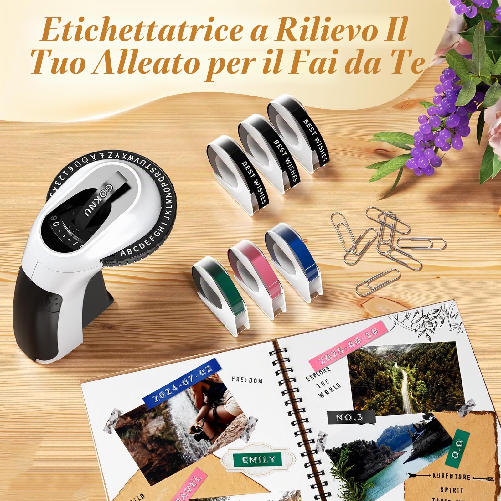 Etichettatrice a Rilievo, 3D Etichettatrice Etichette Adesive Nero, Stampante Portatile E975, Macchina da Scrivere Omega con 6 Nastro design ergonomico con rotella a scatto per uso domestico
