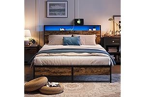 LINSY Queen Bed Frame: Industrial Sanctuary with Ergonomic Headboard