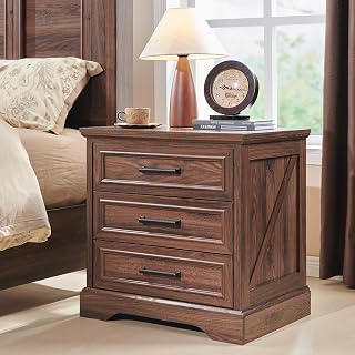 ACCOHOHO Farmhouse Nightstand with Charging Station, 22" Wide 3-Drawer End Table, Rustic Brown Wood Dresser for Bedroom Living Room