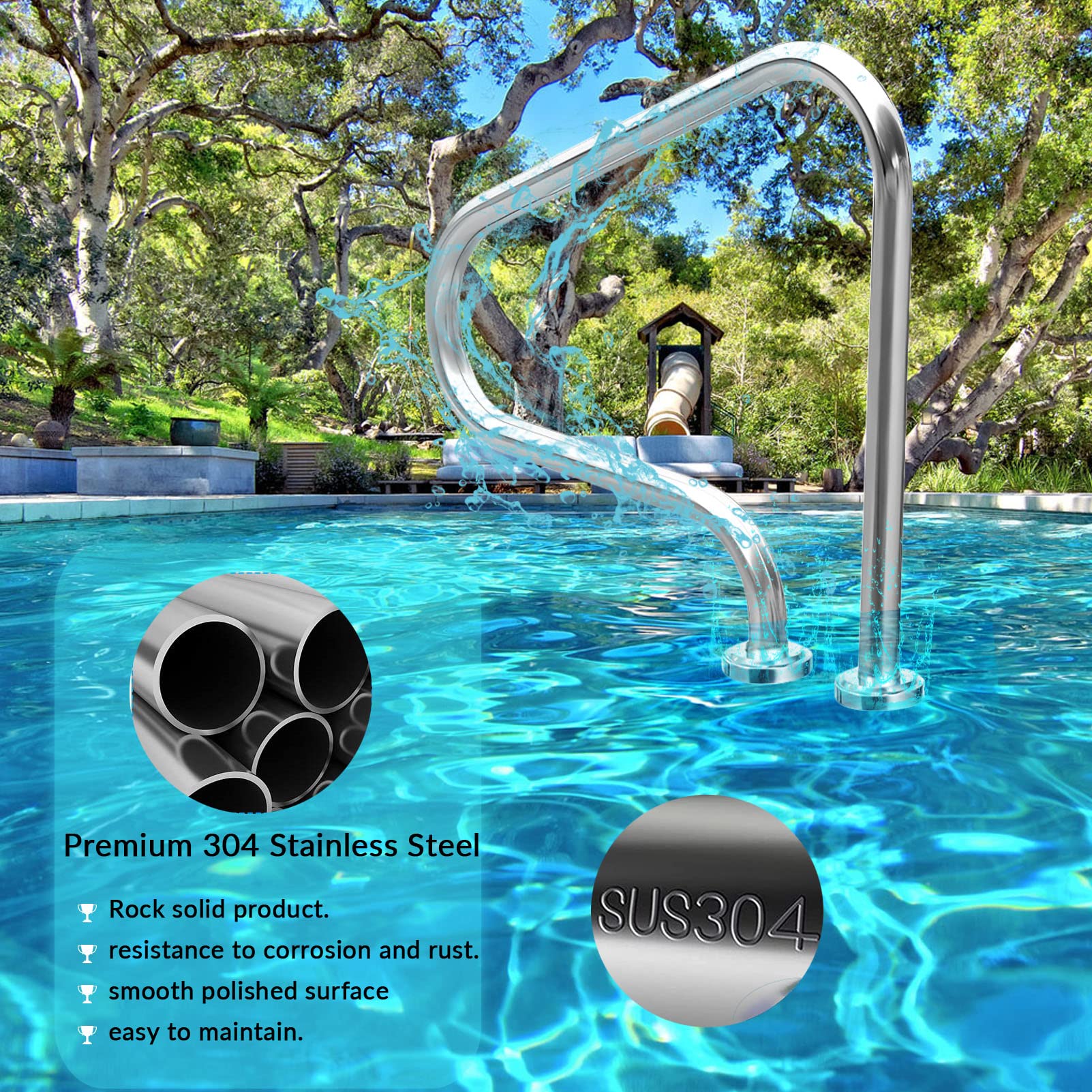 Rampe de Piscine 80 x 80 cm Main Courante de Piscine, Acier Inoxydable 304, Mains courantes pour piscines creusées Rampe d'escalier de Piscine à 3 Coudes Facile à Installer