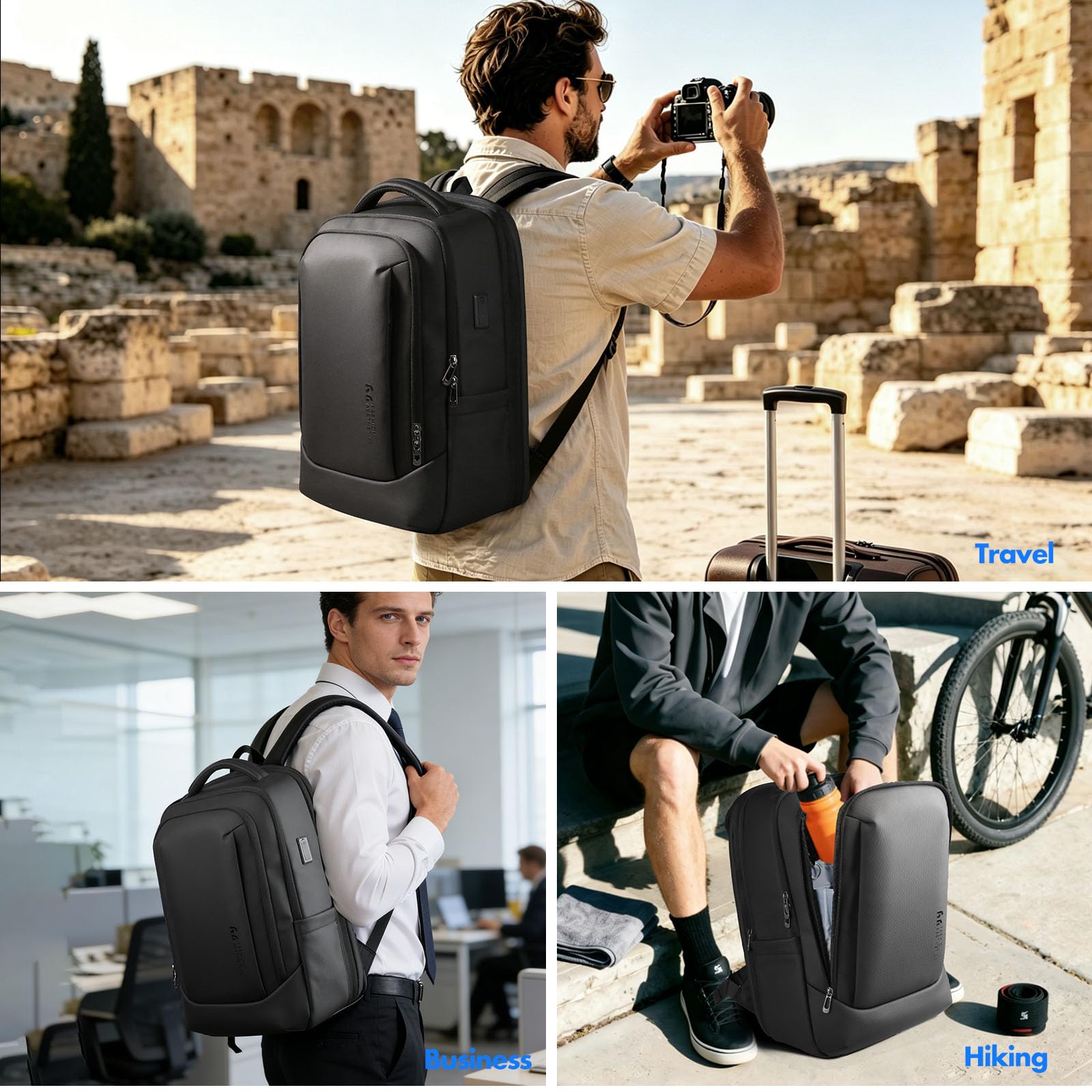 Mochila Expandible 40L para Portátil 16 Pulgadas, Mochila de Viaje Hombre | con USB-C y USB-A, Equipaje de Mano Aprobado Avión, Apertura 180°, Mochila Impermeable Antirrobo Trabajo Negocios, Negro