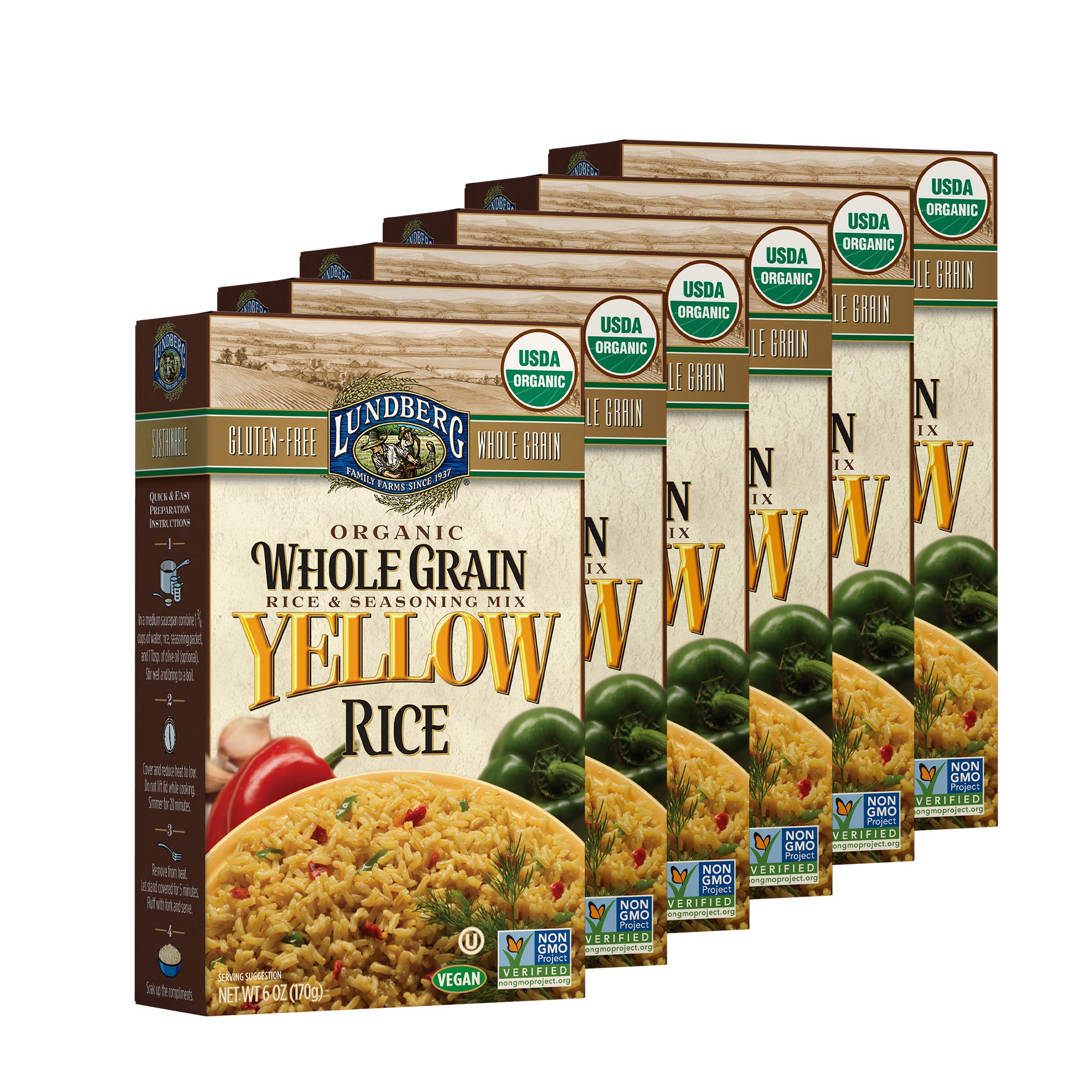 Lundberg Family Farms - Organic Whole Grain Yellow Rice, Savory Blend, Side Dish, Pantry Staple, 100% Whole Grain, Non-GMO, Gluten-Free, USDA Certified Organic, Vegan, Kosher (6 oz, 6-Pack)