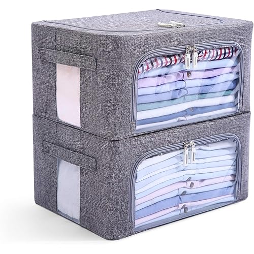 Clothes Storage Bins Box - Linen Fabric Foldable Stackable Container Organizer Set with Clear Window & Carry Handles & Metal Frame - 2Pack Large Capacity for Bedding, Blankets, Toys, Books