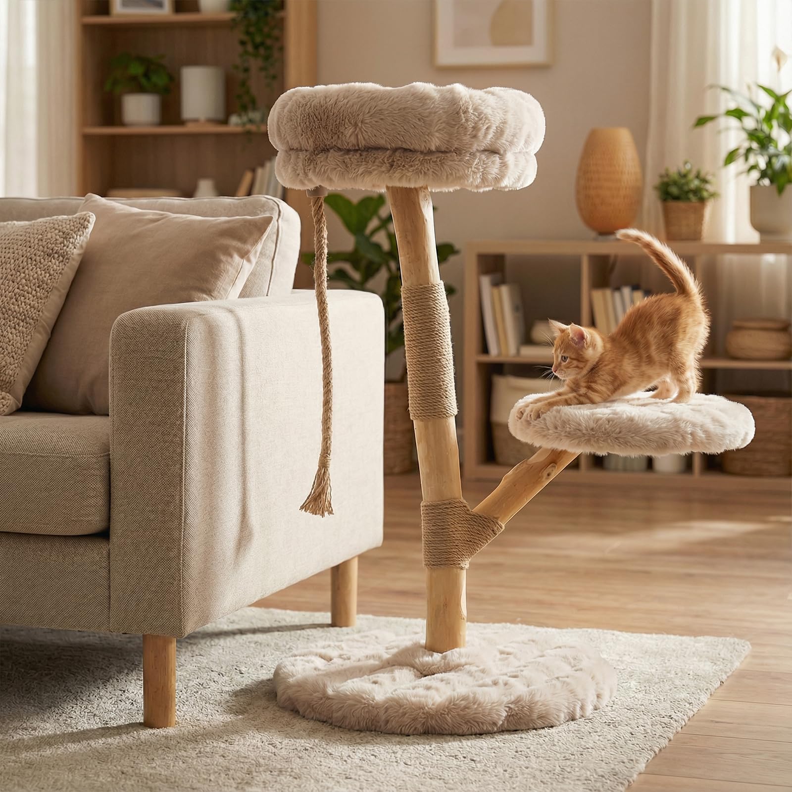 COSTWAY Albero per Gatti 90 cm, Torre Moderna in Legno con Piattaforme, Tiragraffi in Luta Naturale e Corda, Albero Tiragraffi per Animali Domestici (Beige)