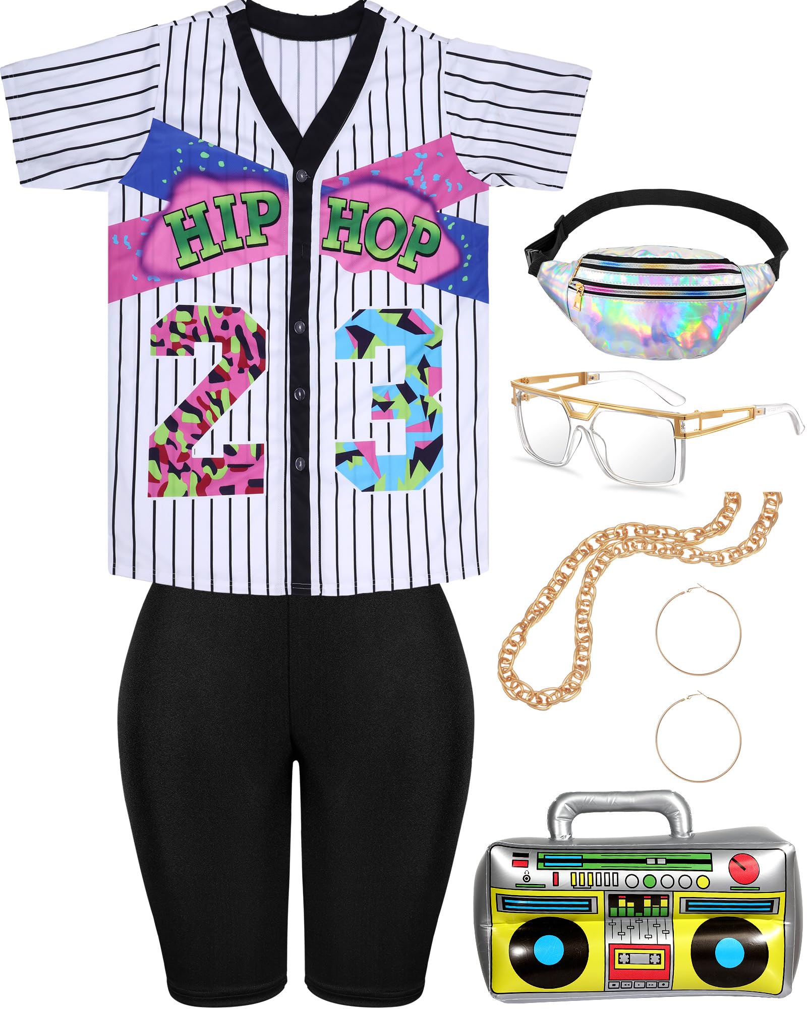 80s/90s Outfit for Women Hip Hop Costume Kit 90s Rapper Accessories Baseball Jersey Fanny Pack Yoga Pant