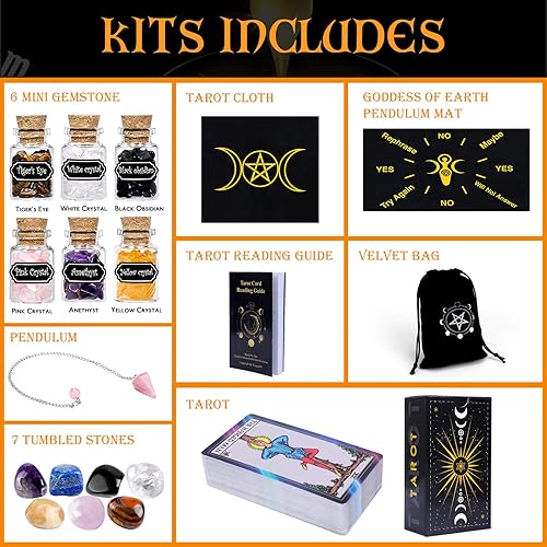 Miniatura 2 de YixangDD Tarot Cards with Guide Book 18 Pcs Include 1 Deck of 78 Cards 6 Mini Crystal Jars7 Chakra Stones,1 Spirit Pendulum1 Cloth 1Goddess of Earth