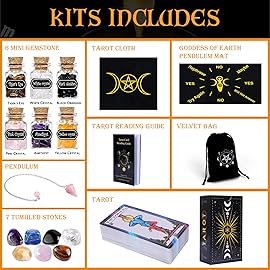 YixangDD Tarot Cards with Guide Book 18 Pcs Include 1 Deck of 78 Cards, 6 Mini Crystal Jars, 7 Chakra Stones,1 Spirit Pendulum, 1 Cloth, 1Goddess of Earth Pendulum mat, 1 Velvet Bag