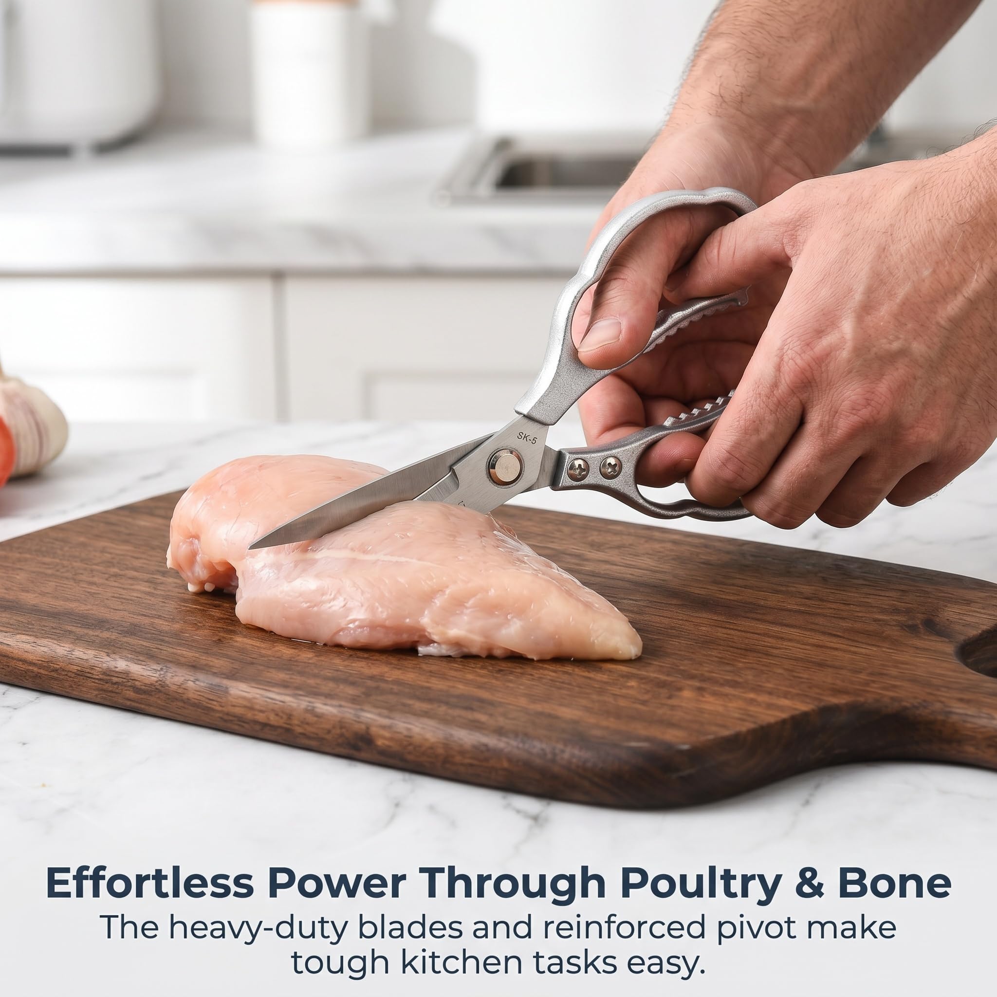 Tijeras de Cocina Profesionales de Acero Inoxidable, Cortapollos Superafilado y Lavable en Lavavajillas, Multiusos para Carne, Pescado y Hierbas, Plata