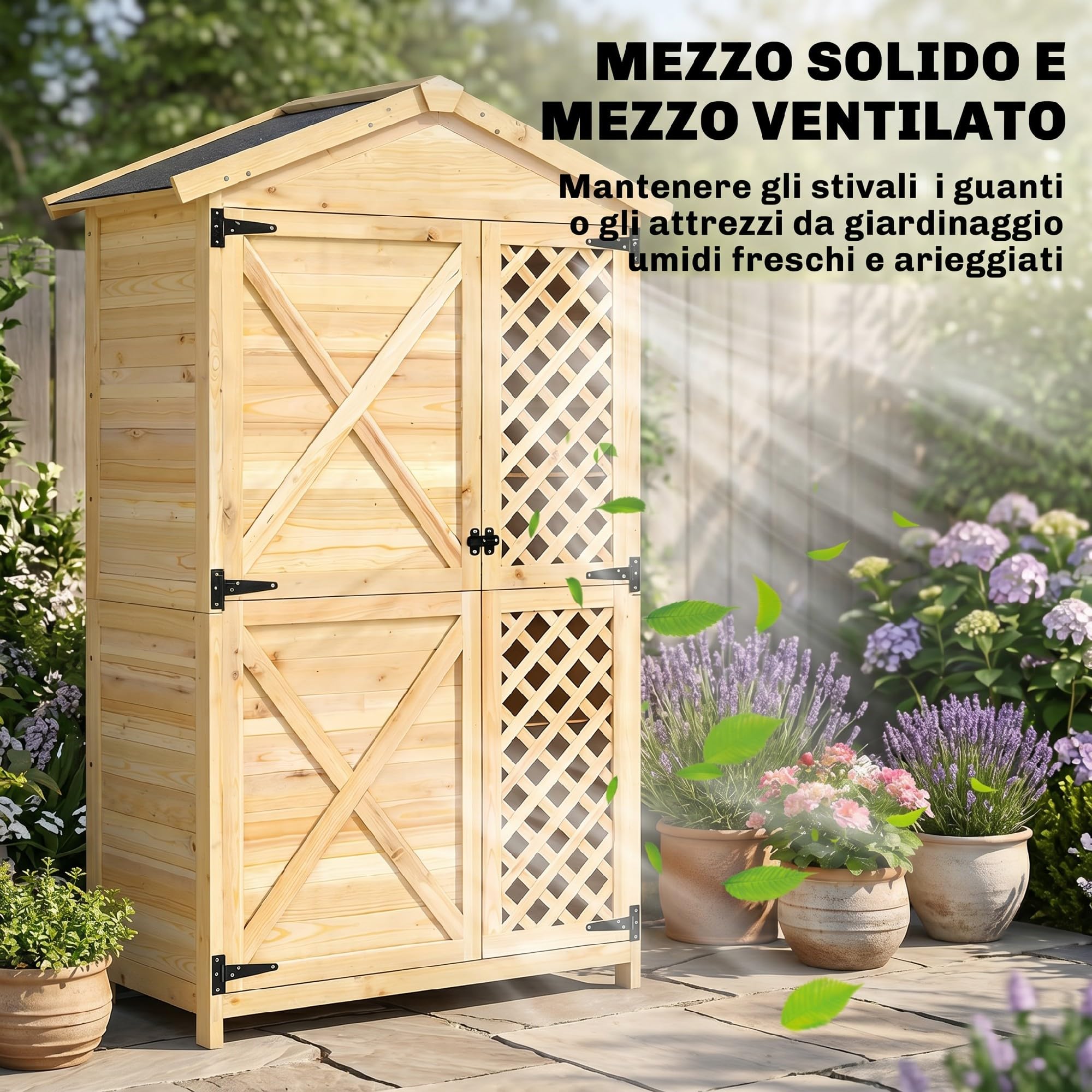 Outsunny Armadio da Giardino in Legno di Abete con Ante Ventilate Naturale | Kit Antiribaltamento, Armadio da Esterno Porta Attrezzi, Ripiani Rimovibili, Tetto Inclinato in Asfalto