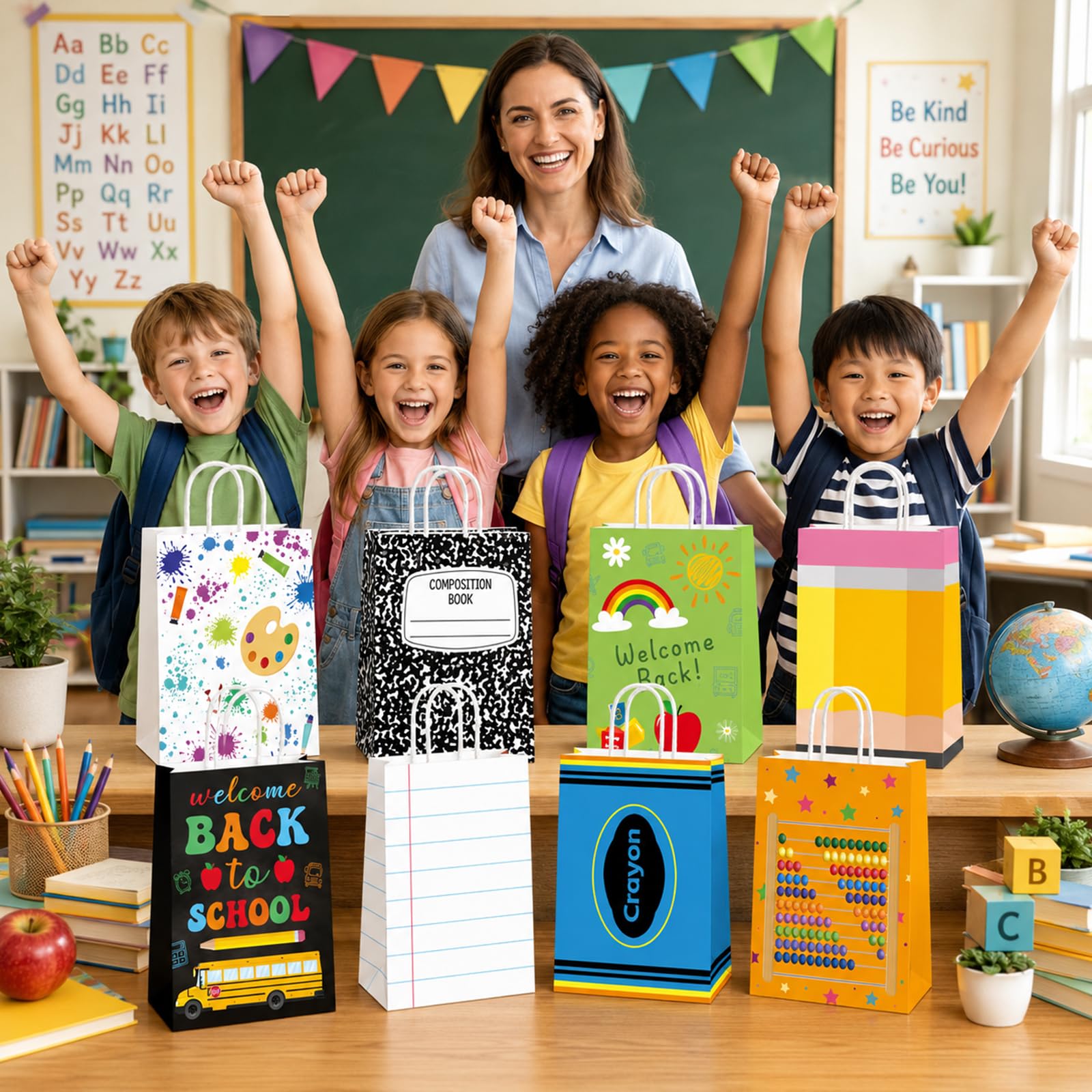 64 sacchetti regalo per il ritorno a scuola Bulk Primo giorno di scuola sacchetti di carta per matite pastello composizione notebook caramelle Goodie Bag apprezzamento insegnante bomboniera per il