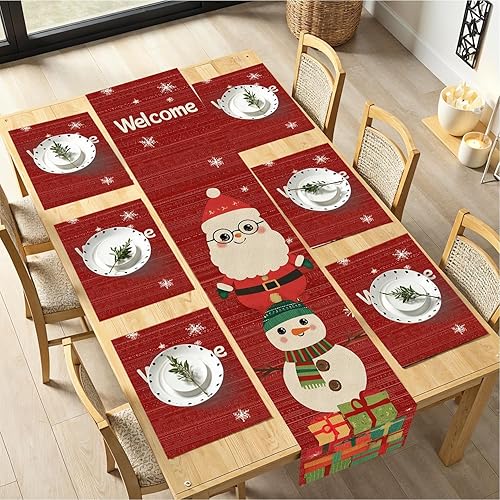 Miniatura 81 de Juego de manteles individuales y camino de mesa de muñeco de nieve y árbol de Navidad, 7 piezas (1 camino de mesa + 6 manteles individuales), diseño