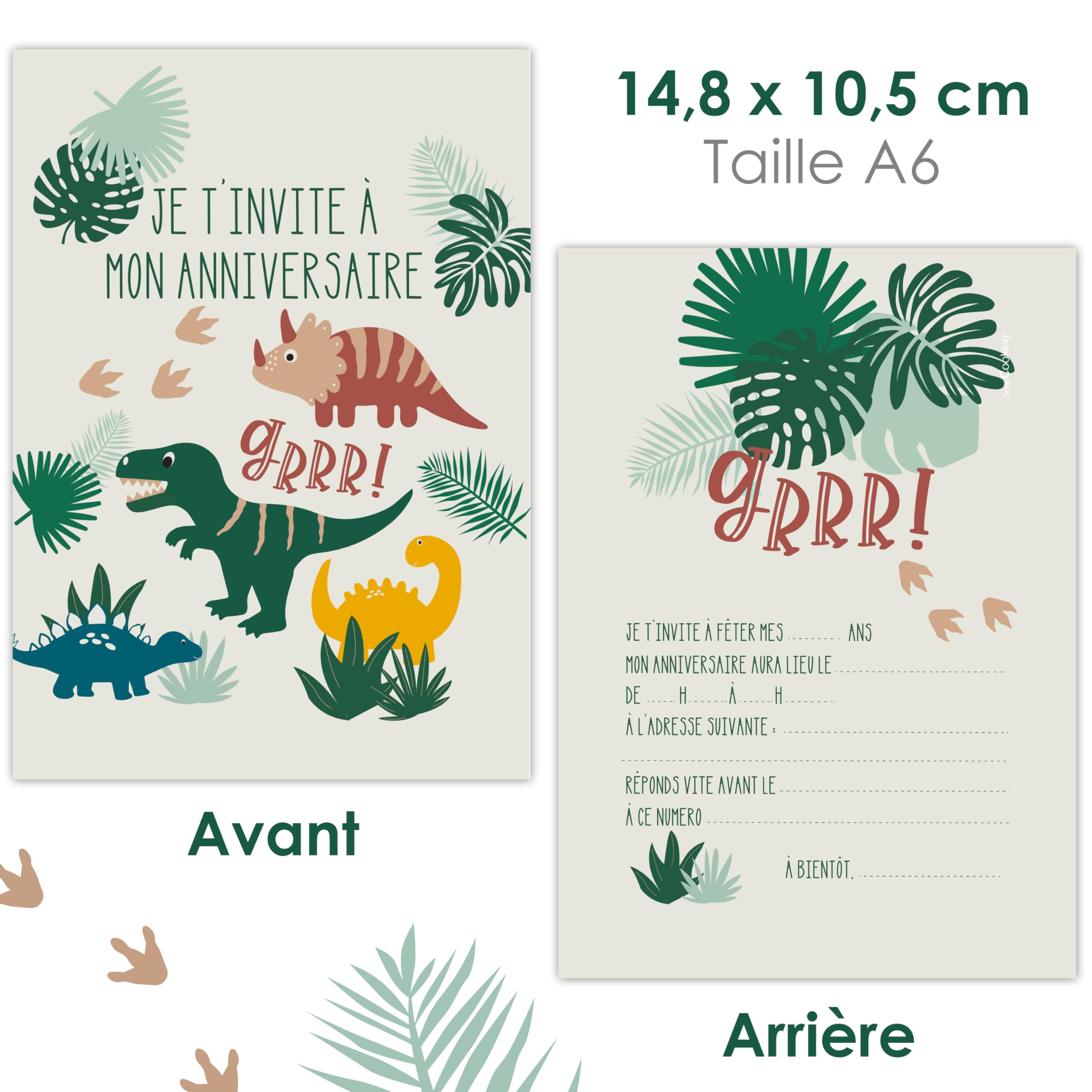 Edition Colibri (10977 FR Lot de 10 Cartes d‘invitation DINOSAURES en Français pour un anniversaire d‘enfant ou pour une fête sur le thème de la