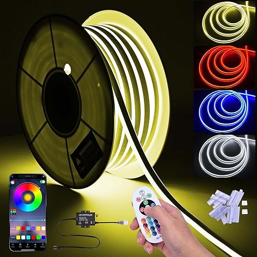 DELight 100FT/30m RGB LED Strip Neon Rope Lights with APP & Remote Control, IP65 AC 110V Waterproof Music Sync Flexible Dimmable Cuttable SMD3535 LED Light DIY for Bar Commercial Decoration DEL-D100R