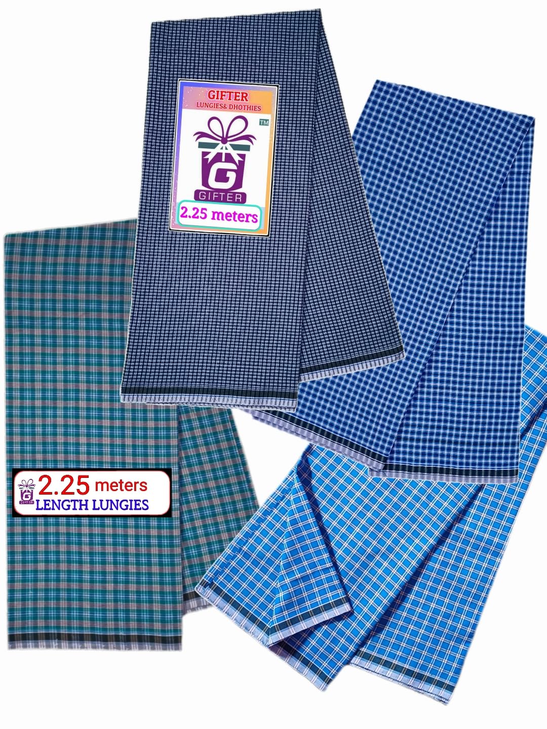 SSS Multi Color Cotton Checkered Lungi for Men's, Combo of 4, Size-2.25meters (Lungis)-image-25