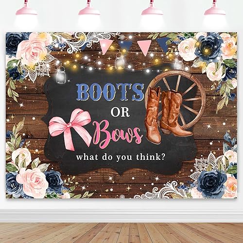 Mocsicka Fondo para revelación de género, botas o lazos, de madera rústica, floral, decoración de fiesta de baby shower, fondo de revelación de