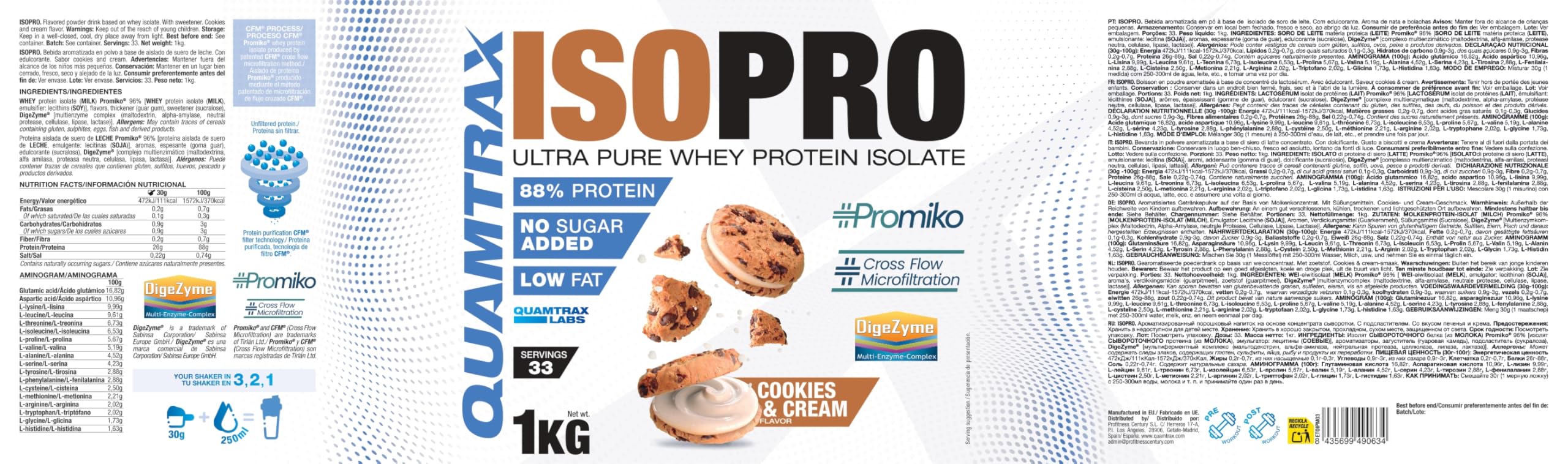 Quamtrax Nutrition - Isopro CFM (Aislado de Proteínas de Suero de Leche) - 1 kg - Sabor Cookies and Cream - Alto contenido proteico, rápida absorción y bajo en grasas