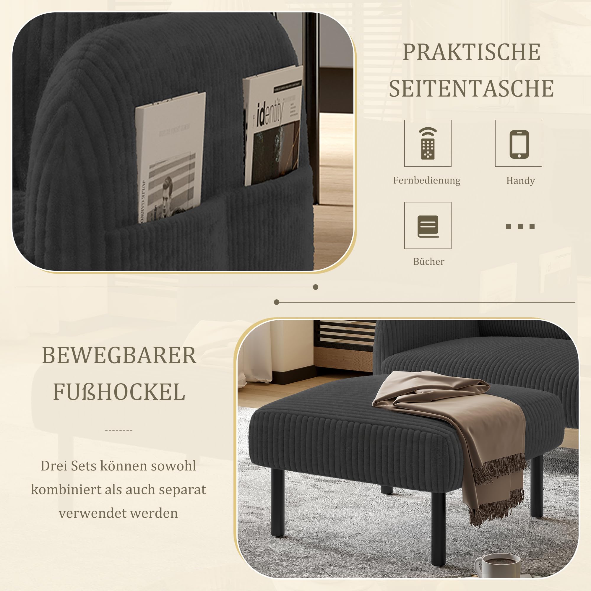 Poltrona moderna per soggiorno, imbottita con tasche laterali, comoda poltrona da lettura con rivestimento in velluto a coste e piedini in metallo, per soggiorno, camera da letto, ufficio