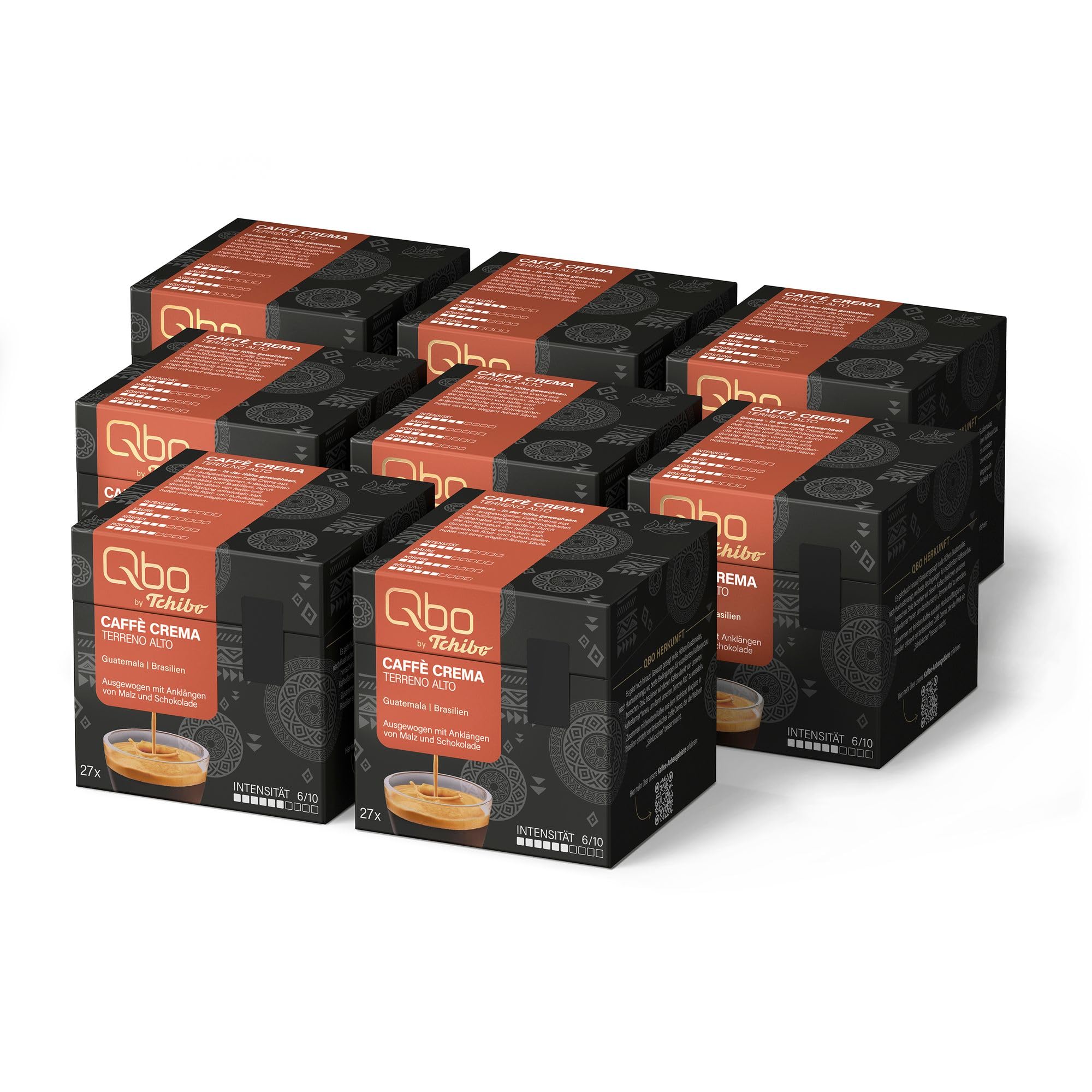 Tchibo Qbo Caffè Crema Terreno Alto Premium Kaffeekapseln, 216 Stück – 8x 27 Kapseln Caffè, Intensität 6/10, ausgewogen und malzig), nachhaltig & aus 70% nachwachsenden Rohstoffen¹