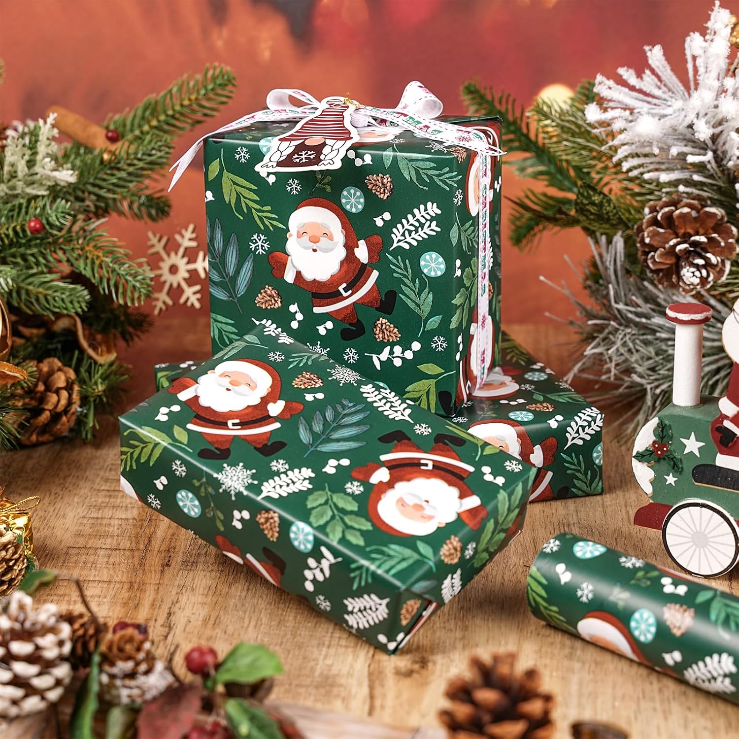 LeZakaa 30 in x 32.8 Ft Christmas Green Wrapping Paper Roll, Santa Claus, Pine Leaf Design in Green, Holiday Gift Wrap for Kids Adults, Jumbo Roll
