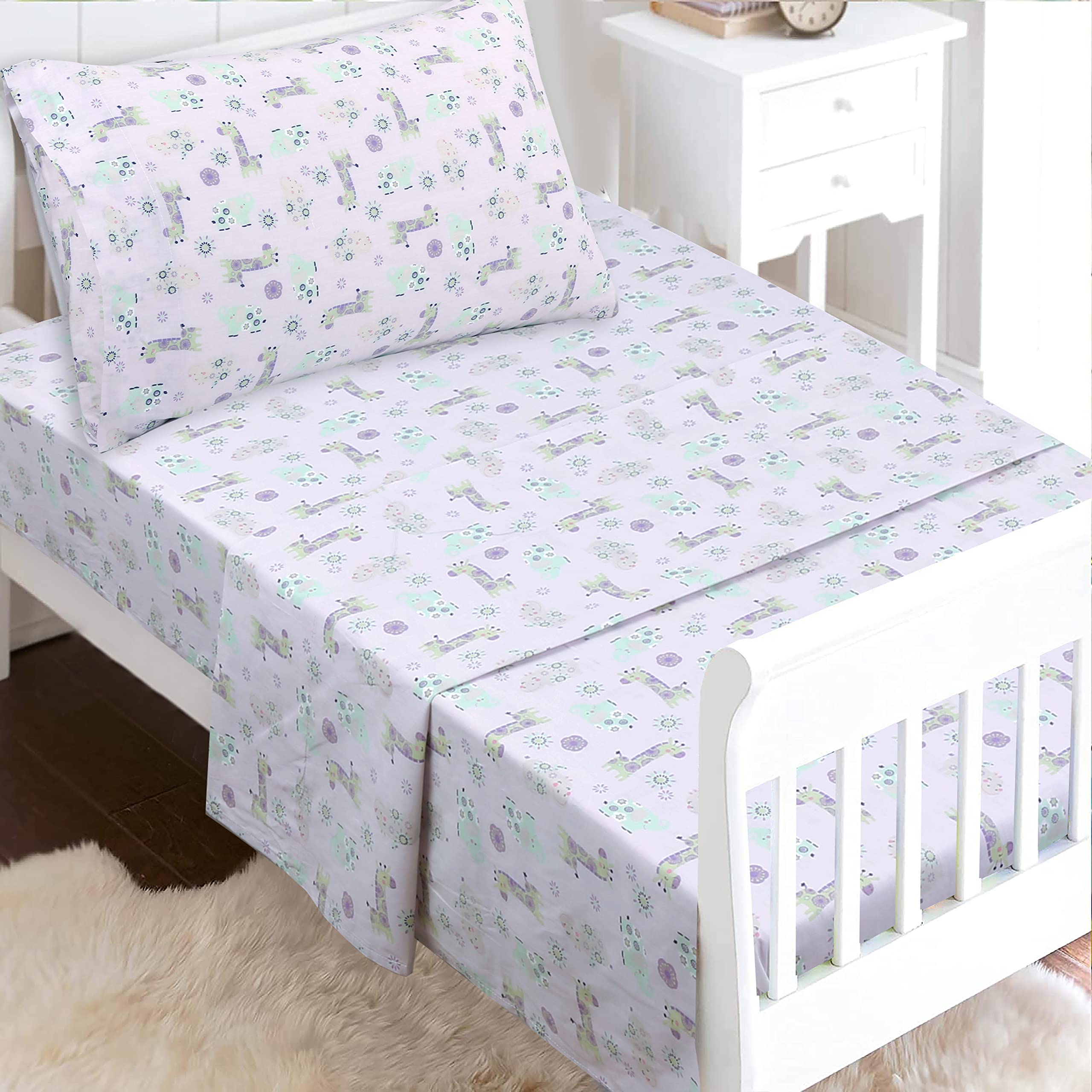 100 Cotton 3 Piece Toddler Sheet Set, Soft Breathable Crib Bedding Set for Girls Includes a Flat Sheet, a Fitted Sheet, a Pillowcase, Gypsy Floral Animals Giraffe Hippo Elephant Pink