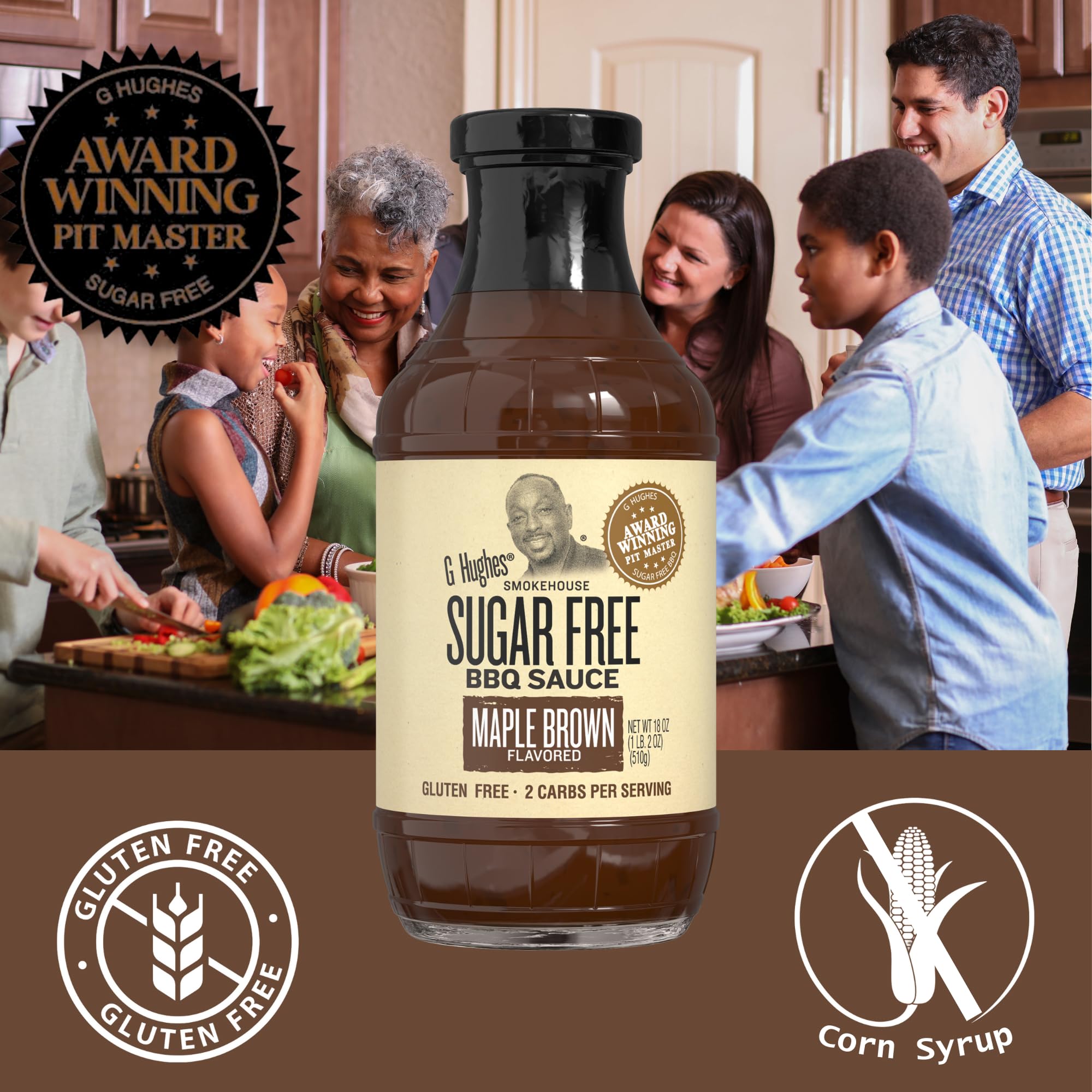 G Hughes Smokehouse Sugar Free BBQ Sauce 18oz Glass Bottle (Pack of 3) Select Flavor Below (Maple Brown)