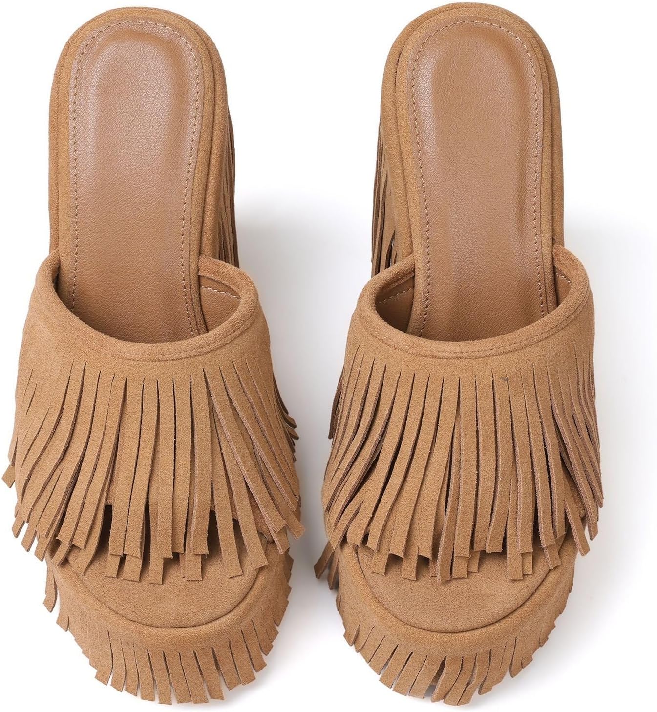 CYNLLIO Fringe Platform Sandals Women Dressy Wedge Heels Summer Boho Shoes Slip on Open Toe Slides Tassels Beach Slippers