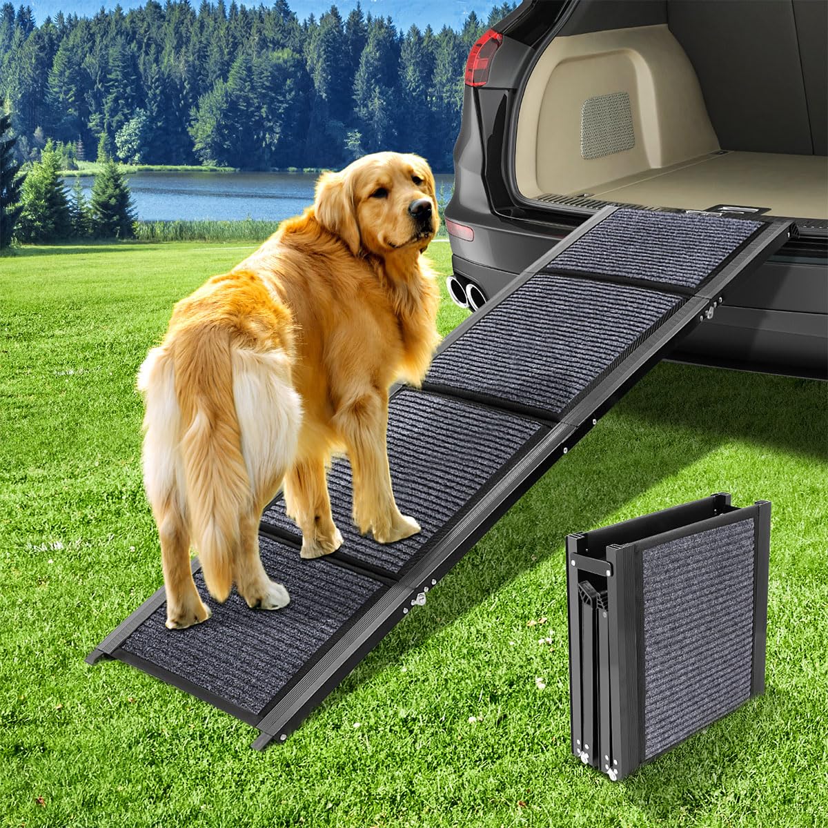 GaliGali Dog Ramp for Car, Portable Folding Pet Stair Ramp with Non-Slip Carpet, 62" Long & 17.3" Wide, Wider Dog Stair Allow Medium to Large Dogs Up