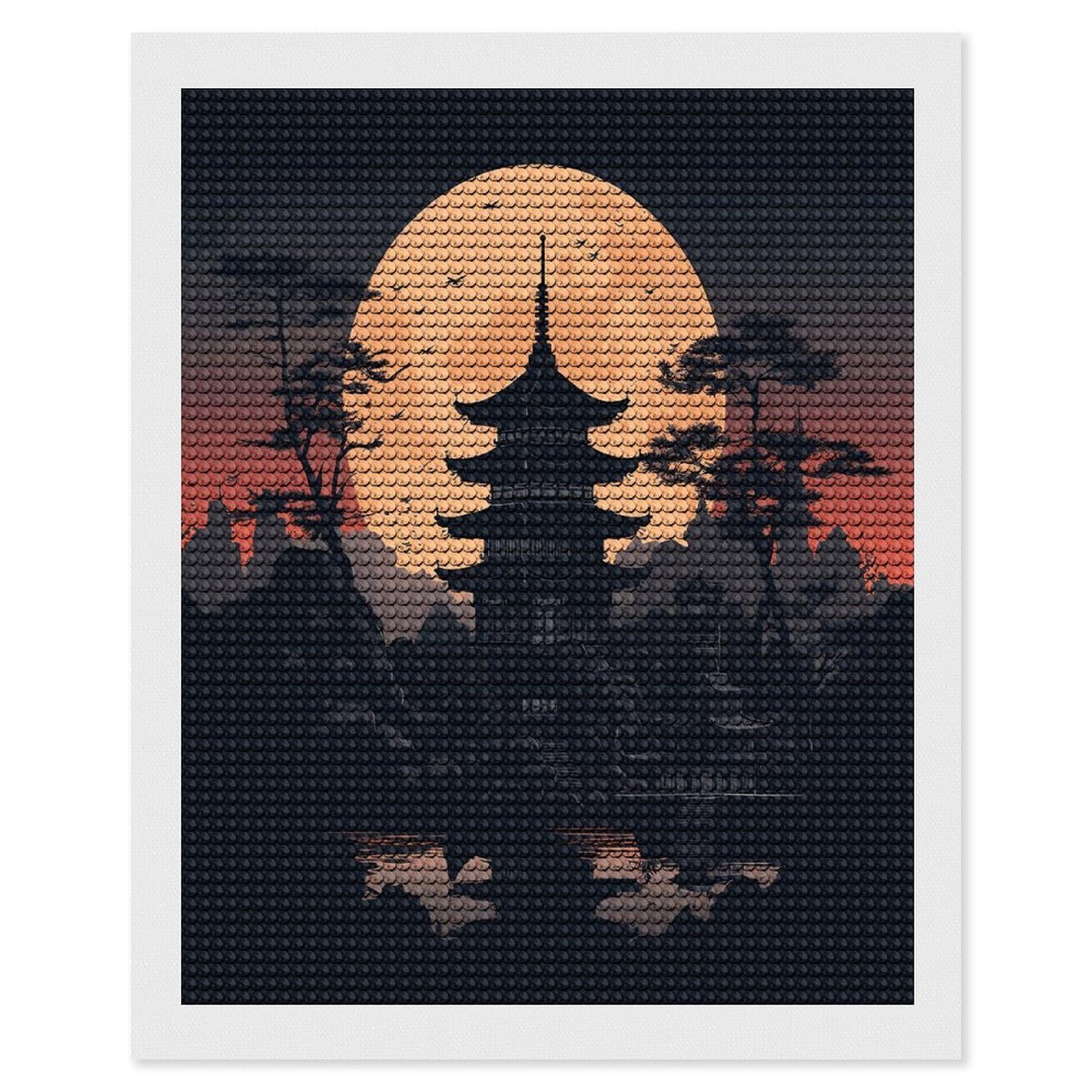 Pagoda Silhouette Diamond Art Kits for Adult Round Full Drill Diamond Dots Paintings for Beginner Picture Art DIY Diamond Painting Kits 5D Diamond Art Painting for Home Wall Decor 16"x20"