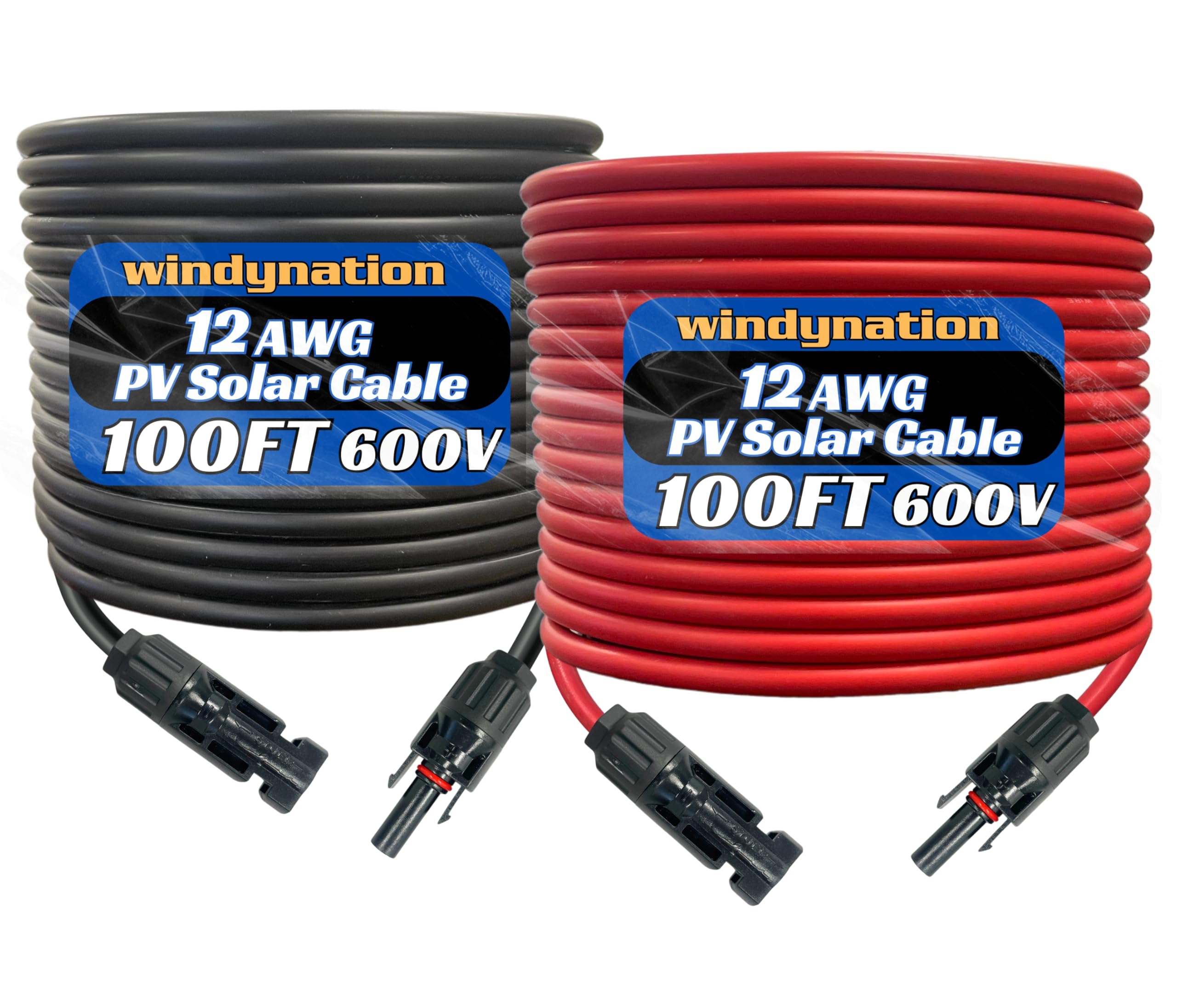 WindyNation 12 Gauge 12 AWG Pair 100 Feet Black + 100 Feet Red PV Photovoltaic Solar Panel Extension Cable Wire Solar Connectors