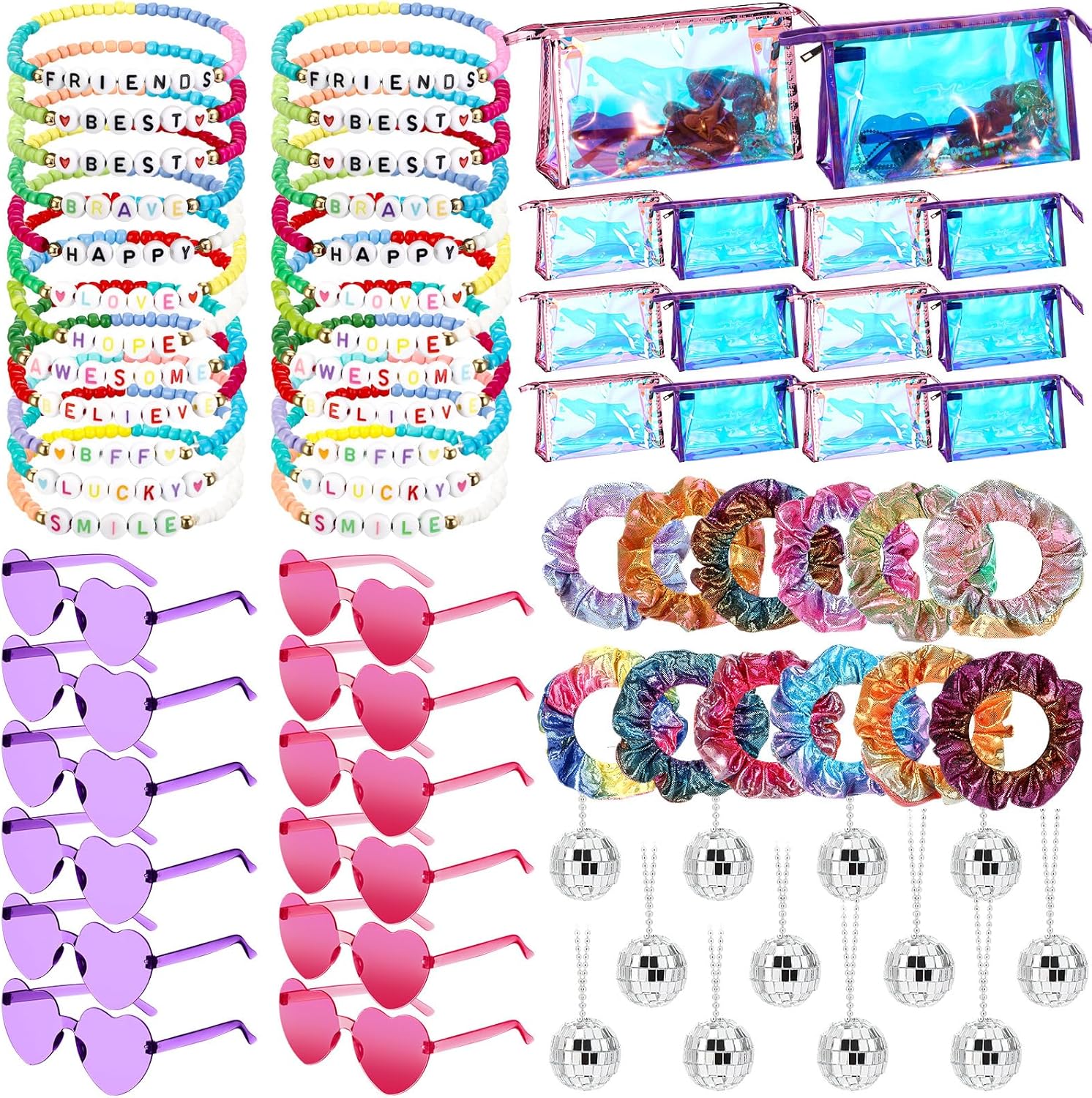 Landical 72 Pcs/12 Sets Kpop Party Favors Birthday Party Supplies, Friendship Bracelets, Disco Necklace Heart Sunglasses Holographic Scrunchie Make Up Bag for Y2k Fans Women Birthdays & Concerts