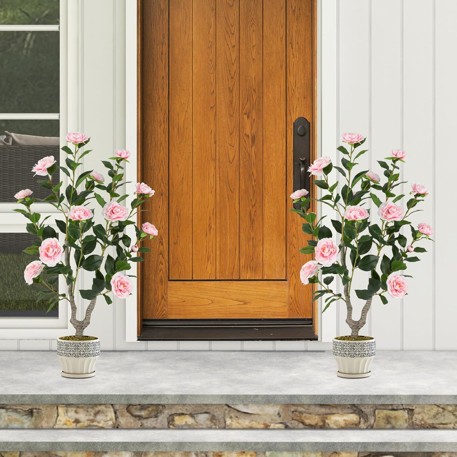 Goplus 36’’ Artificial Camellia Tree, 2 Pack Flower Plants Artificial Tree, Faux Floral Plant Blooming Tree in Nursery Pot, Greenery Potted Plant for Indoor Office Home Porch Decor, Pink