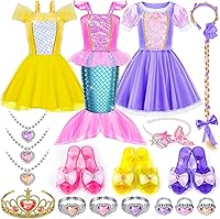 Tlooe Princess Dress Up Set for Girls 3-8: 3 Tutu Outfits with Tops, Skirts, Jewelry, Crystal Heels & Storage - Birthday Halloween Gifts