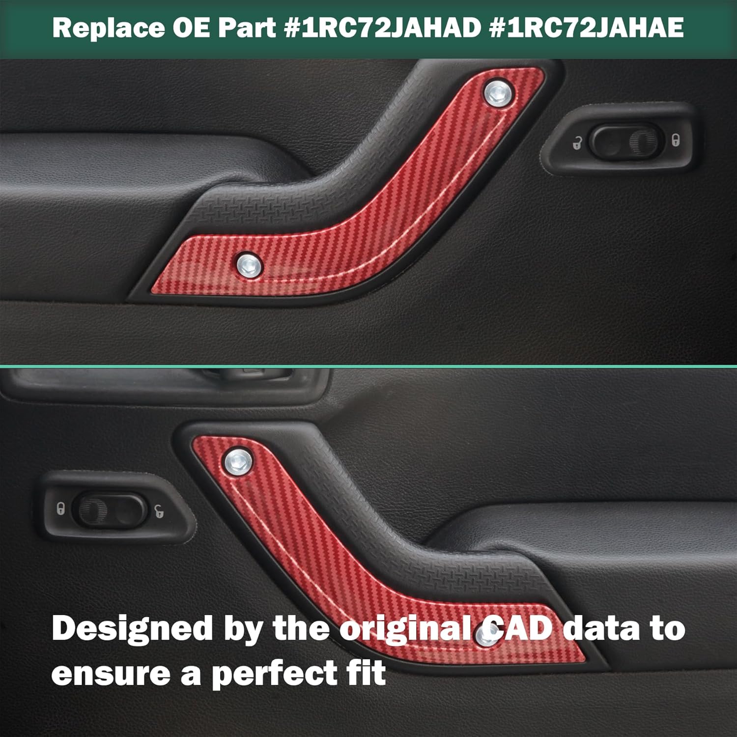 Interior Door Grab Handle Inserts Cover Trim for 2007-2018 Jeep Wrangler JK JKU Sports Sahara Rubicon & Unlimited, Replace OE 1RC72JAHAD 1RC72JAHAE, L&R, Red Carbon Fiber