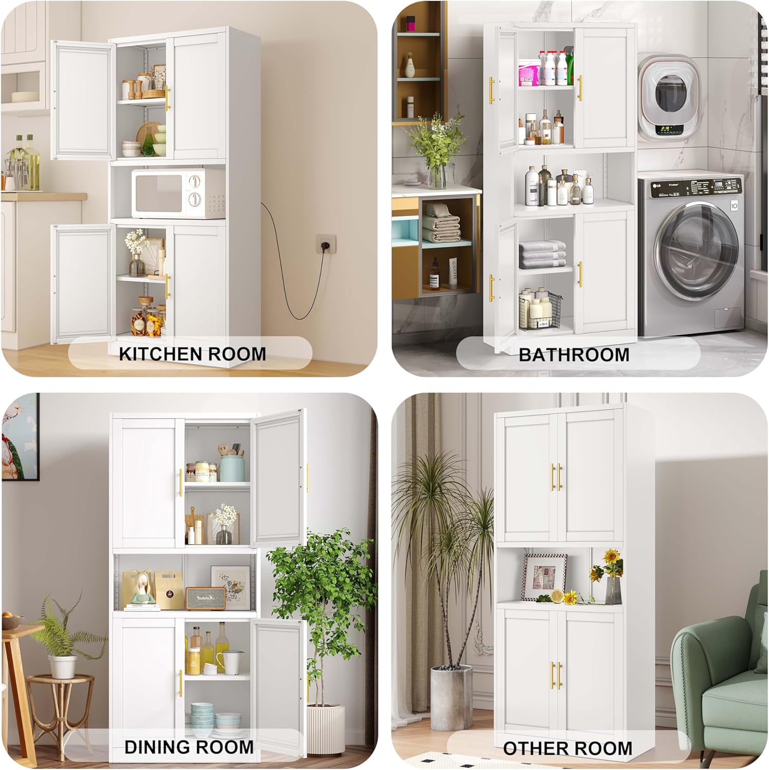 61.02" Kitchen Pantry Cabinet, Large Metal Storage Cabinet with 4 Doors and 1 Open Storage Compartment, Corner Display Organizer with 2 Adjustable Shelves for Kitchen Bedroom or Hallways (White)