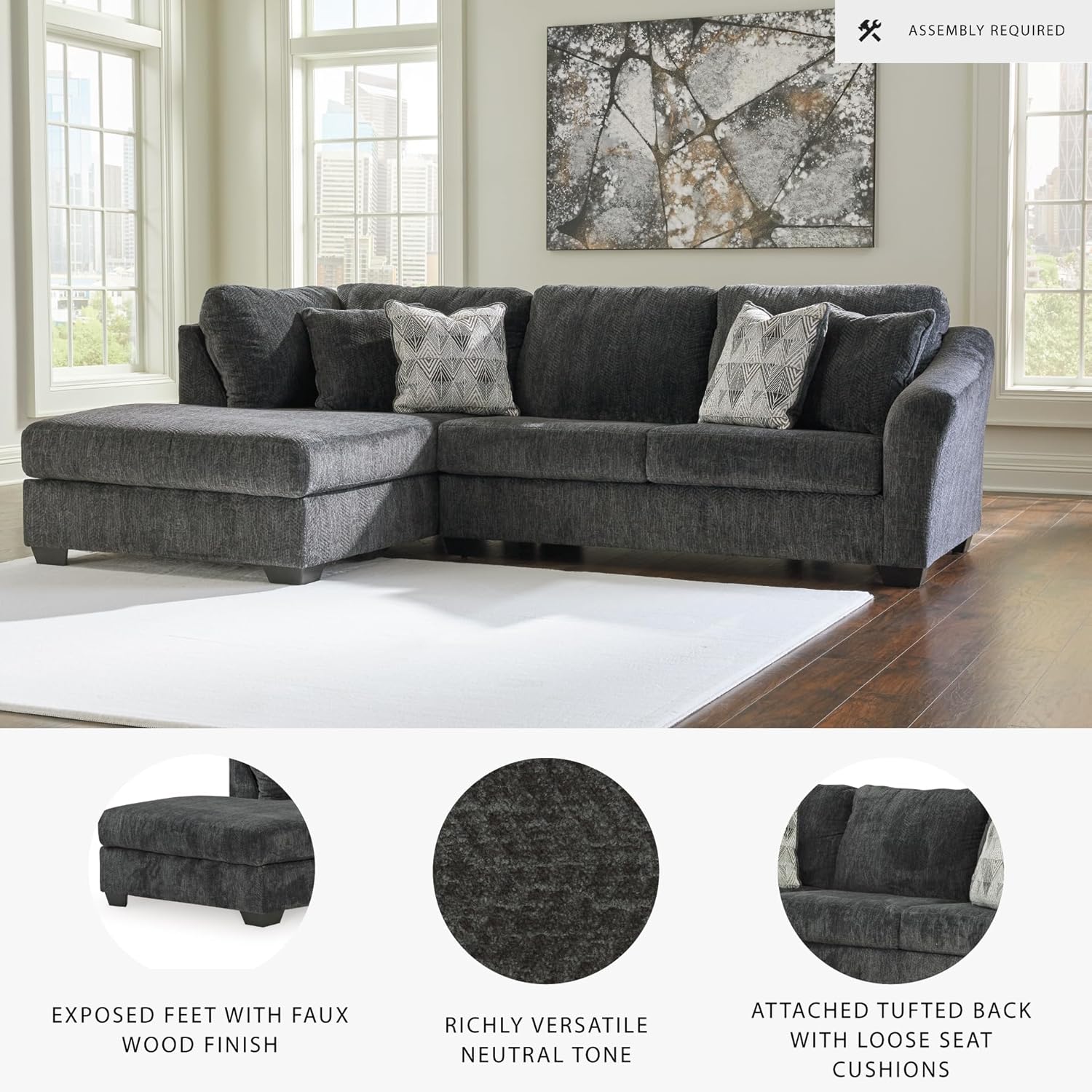 Signature Design by Ashley Biddeford Contemporary L-Shaped 2-Piece Sectional with Chaise, Loose Seat Cushions and 4 Accent Pillows, Gray