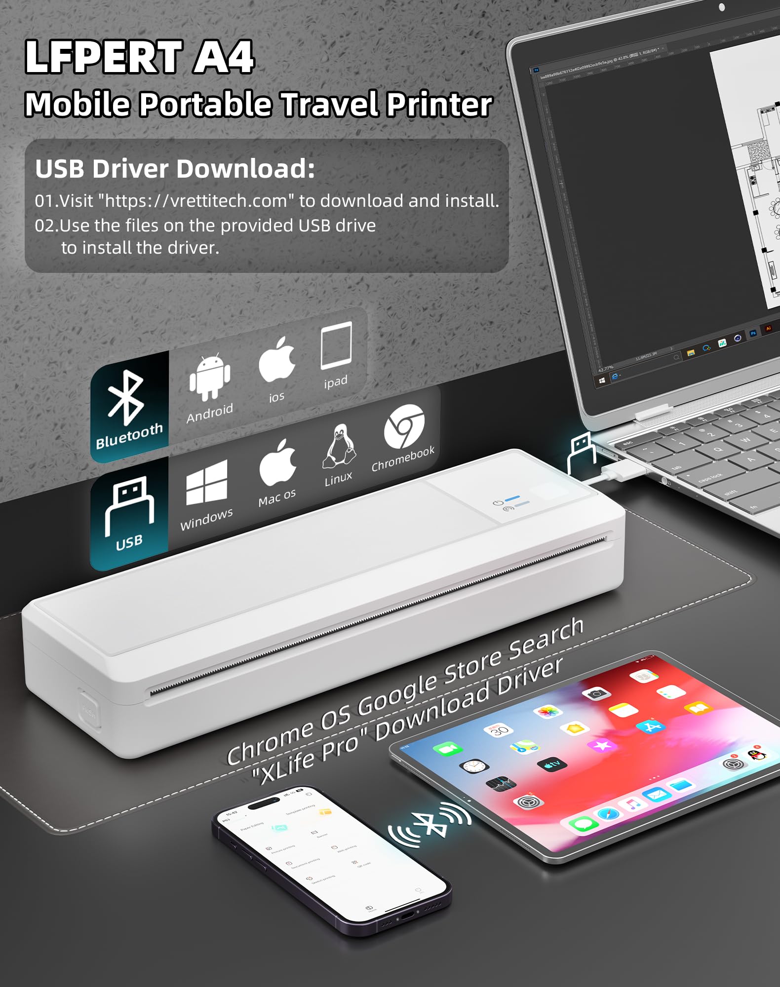 Stampante Termica Portatile A4 Bluetooth USB, Stampa Ricevute Documenti, Bianco e Nero