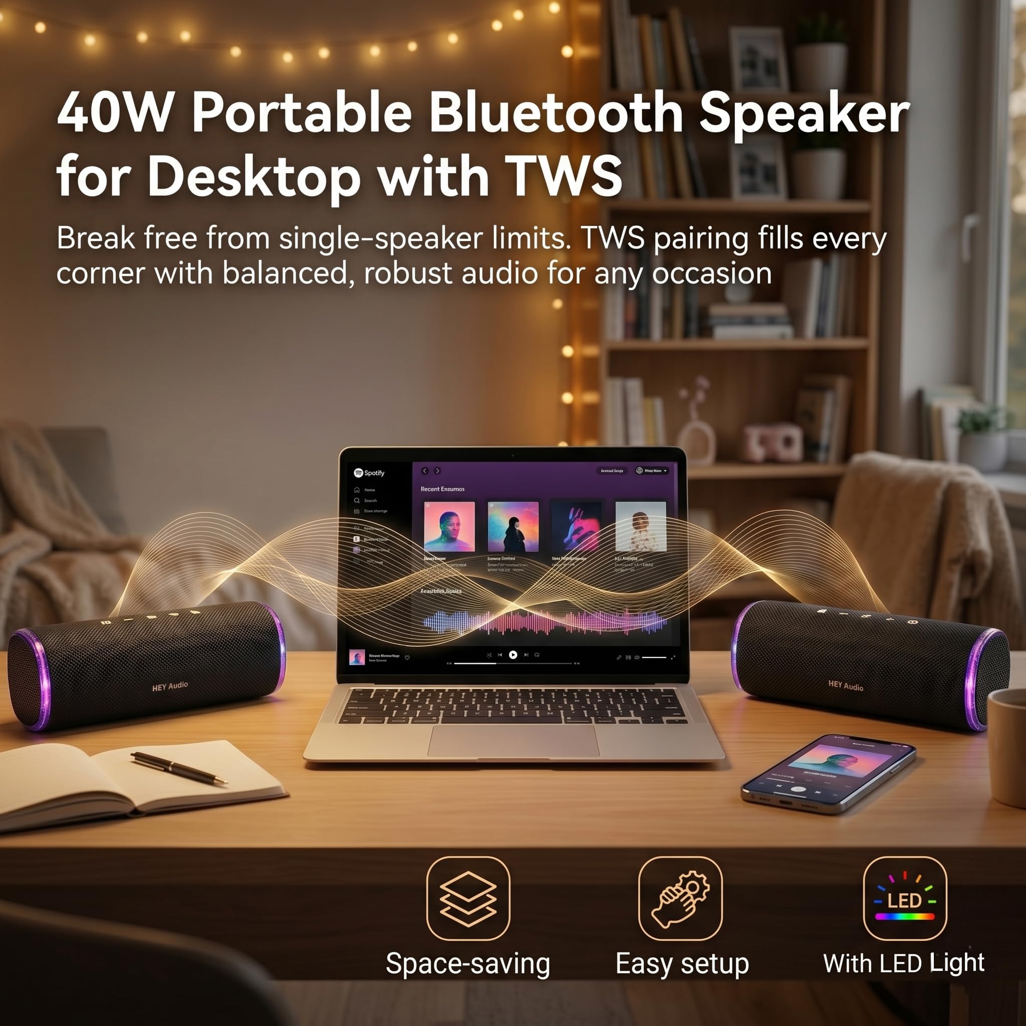 Altoparlante Bluetooth portatile da 40 W, altoparlante impermeabile IPX7 per esterni, 25 ore di riproduzione, bassi potenziati, luci LED, accoppiamento TWS per piscina, doccia, bici, jam
