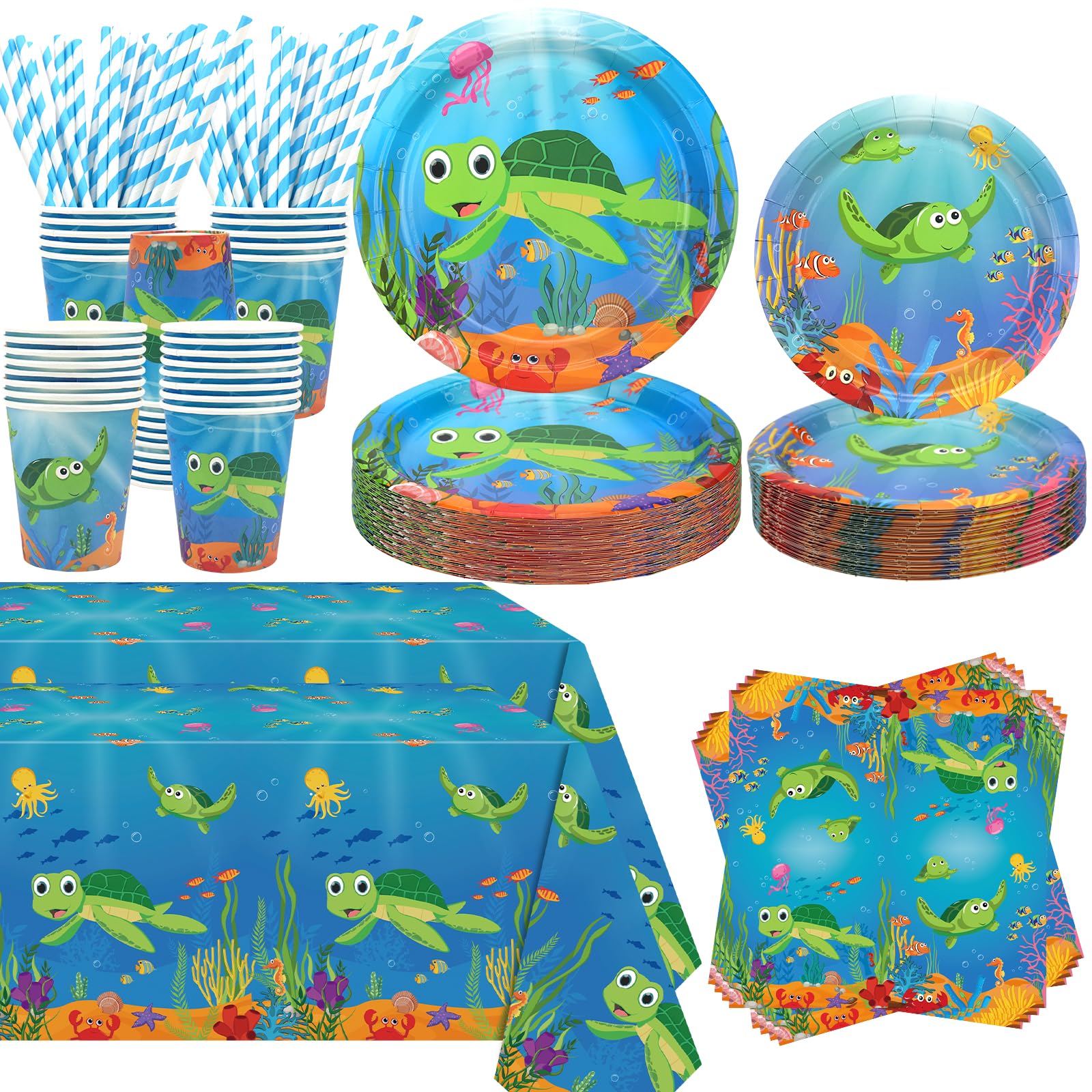 Obussgar Turtle Party Decoration - Turtle Birthday Party Tableware Supplies Includes Plates, Cups, Napkins, Tablecloth, Straws - Serves 40 (40)